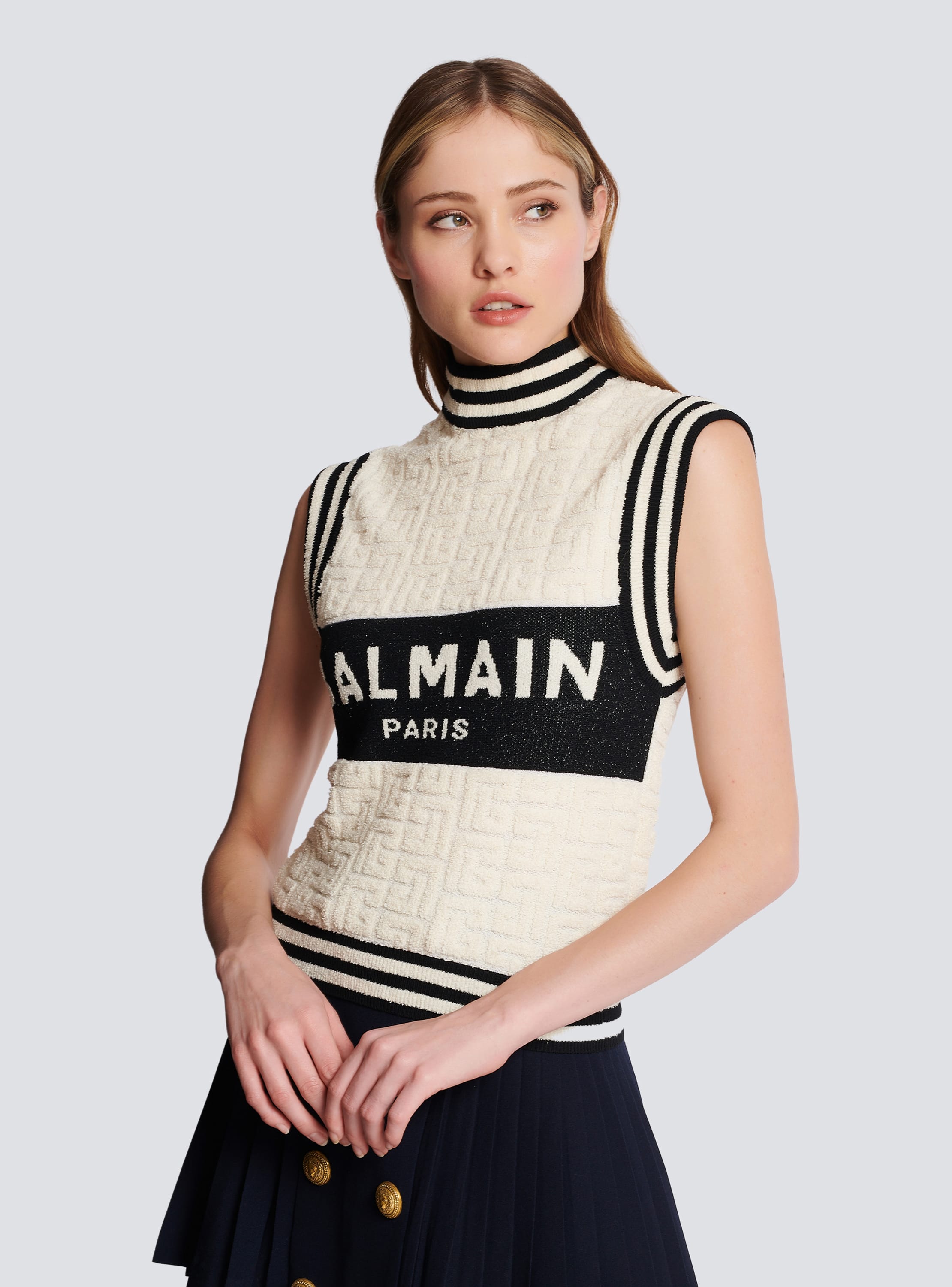 Cropped bicolor jacquard sports bra top with Balmain monogram