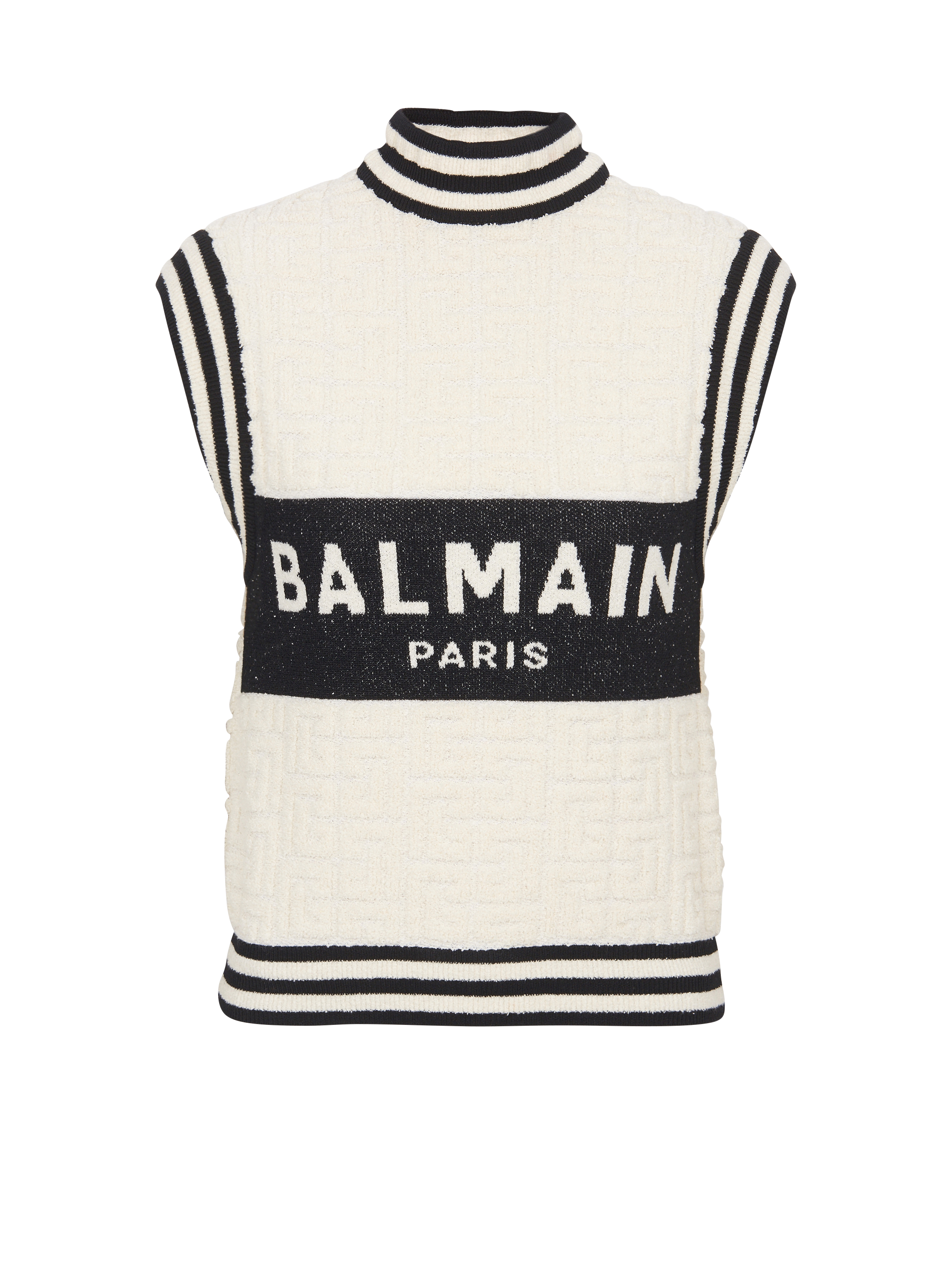 Top en maille bouclette Balmain monogramme, blanc, hi-res