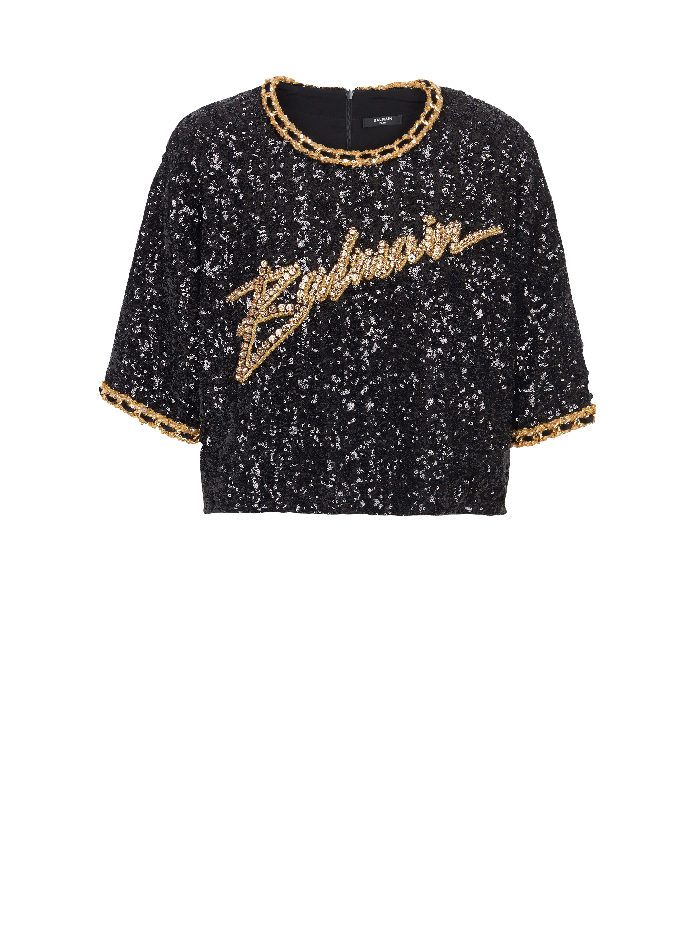 Cropped T-shirt with sequin embroidery, black, hi-res