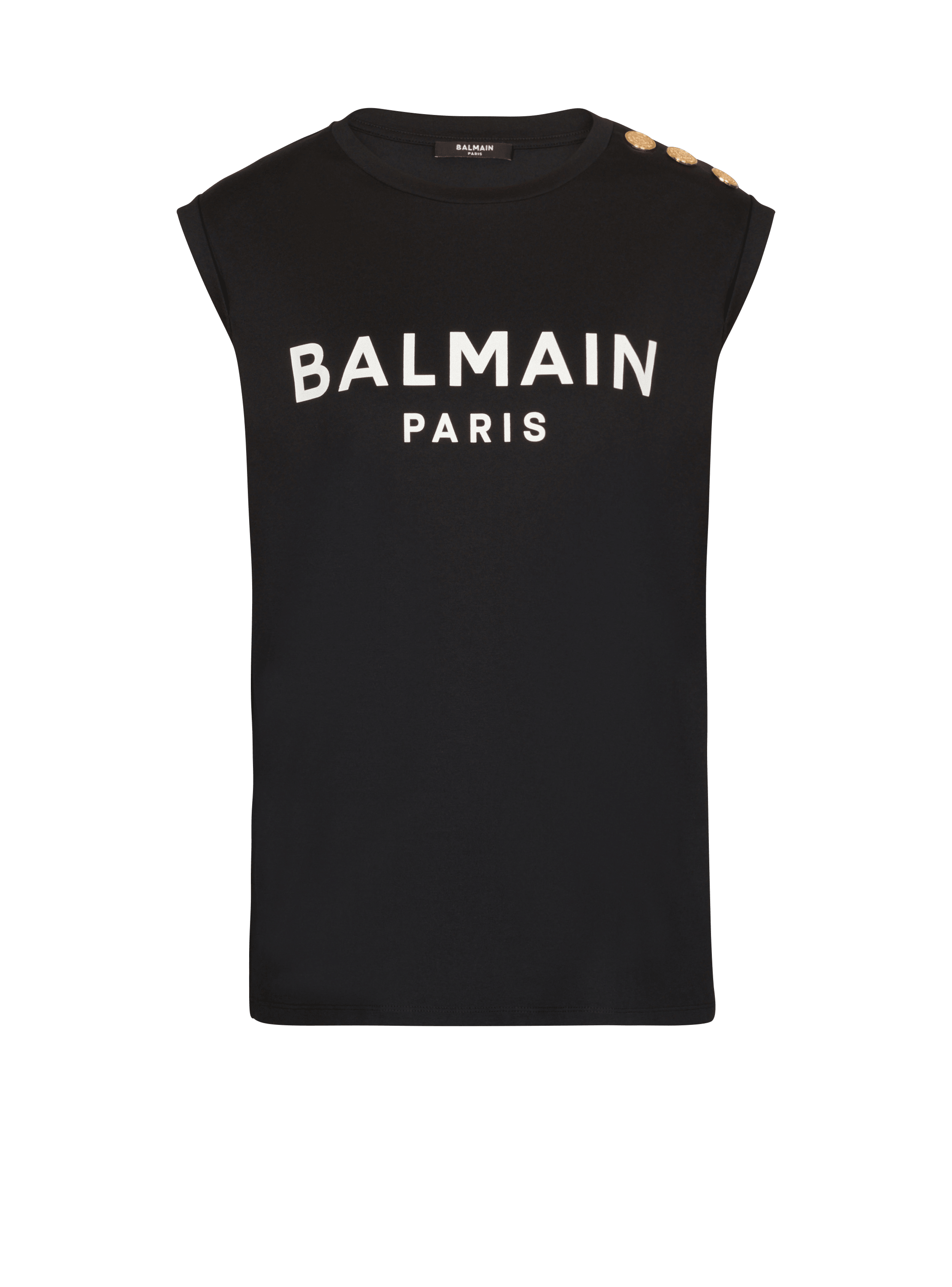 Camiseta de algodón de diseño ecológico con logotipo de Balmain estampado, negro, hi-res