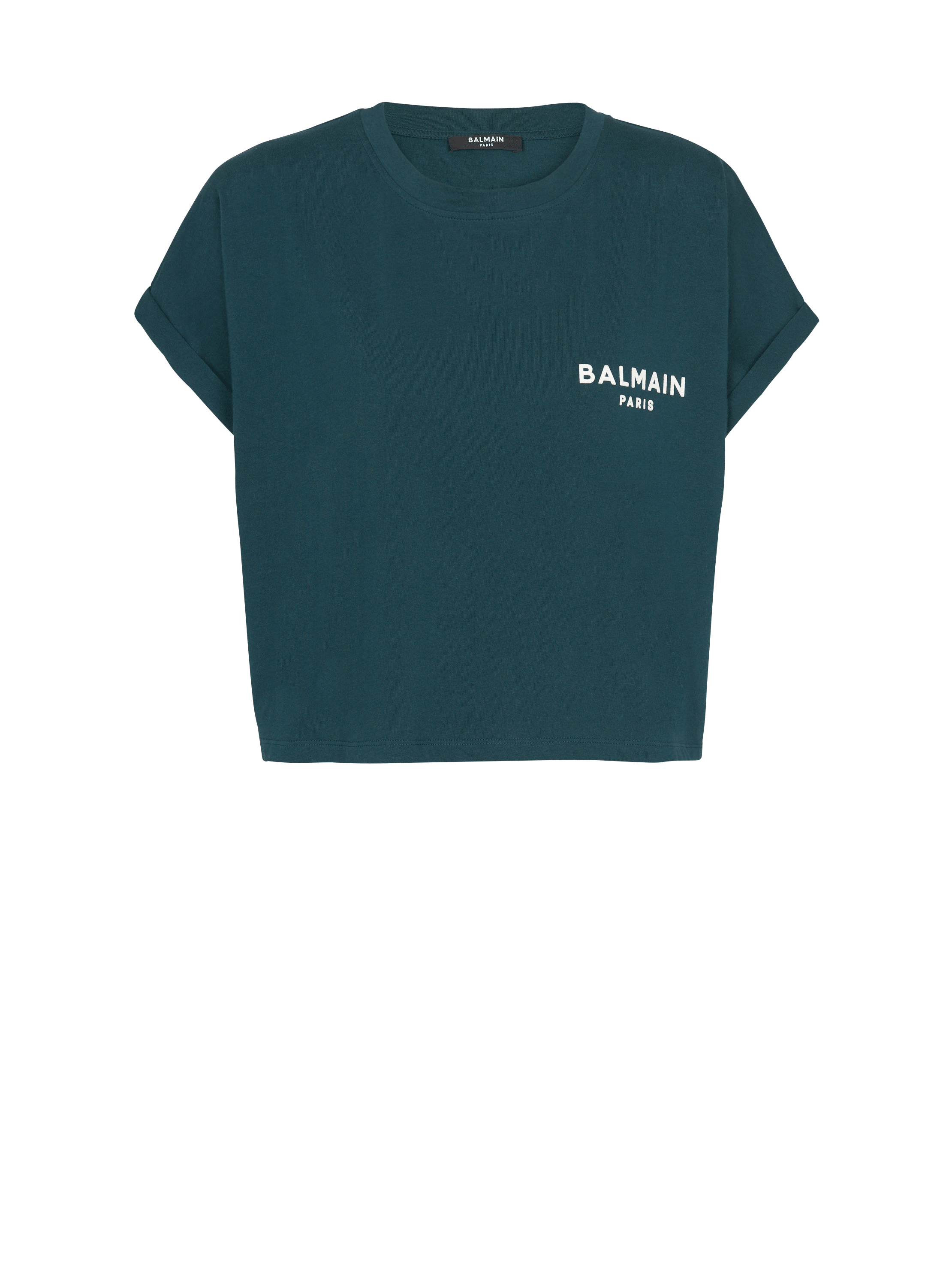 Camiseta corta con logotipo de Balmain Paris serigrafiado, verde, hi-res