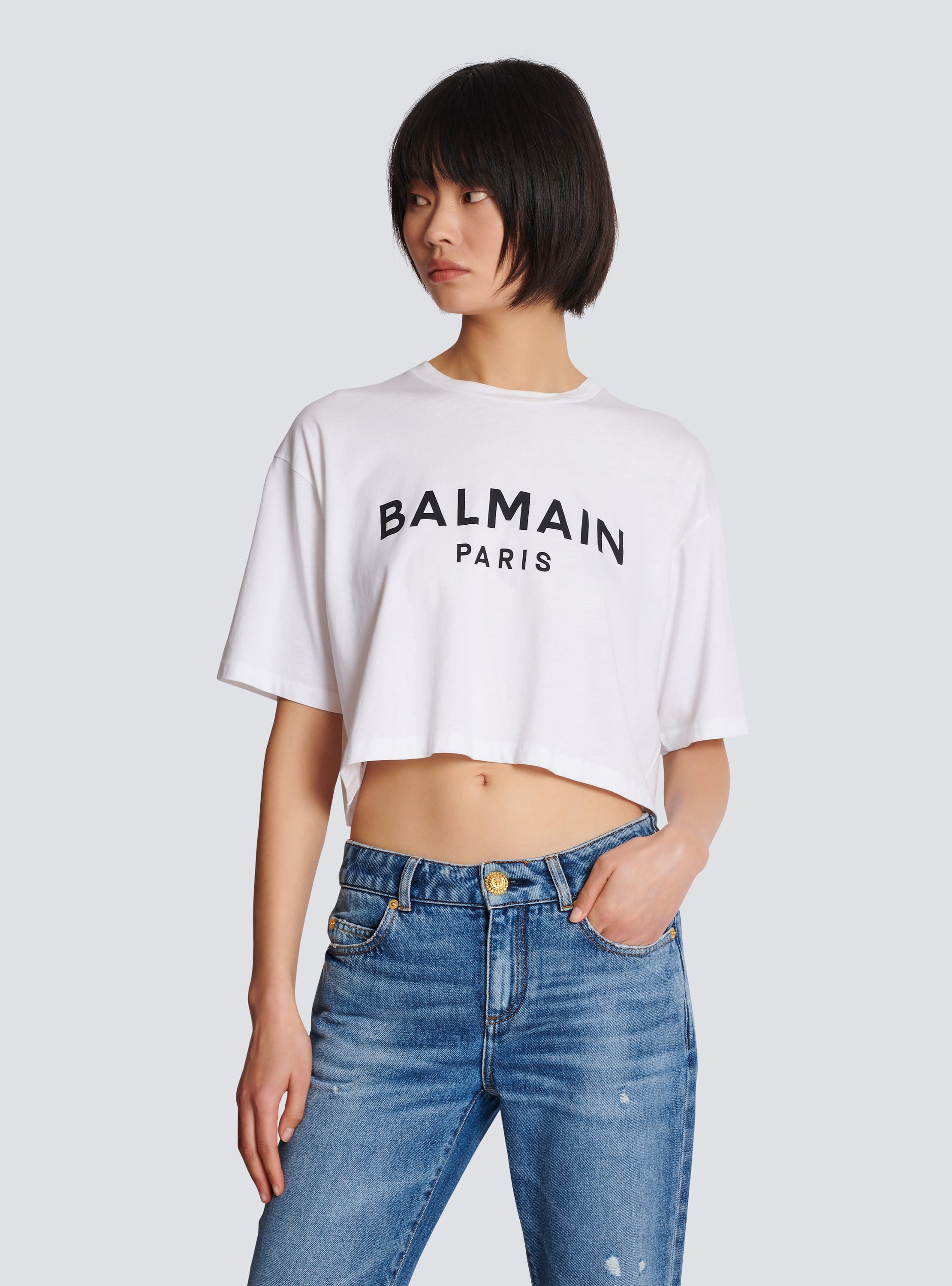 midnat privat Forøge Eco-responsible cropped cotton T-shirt with Balmain logo print white -  Women | BALMAIN