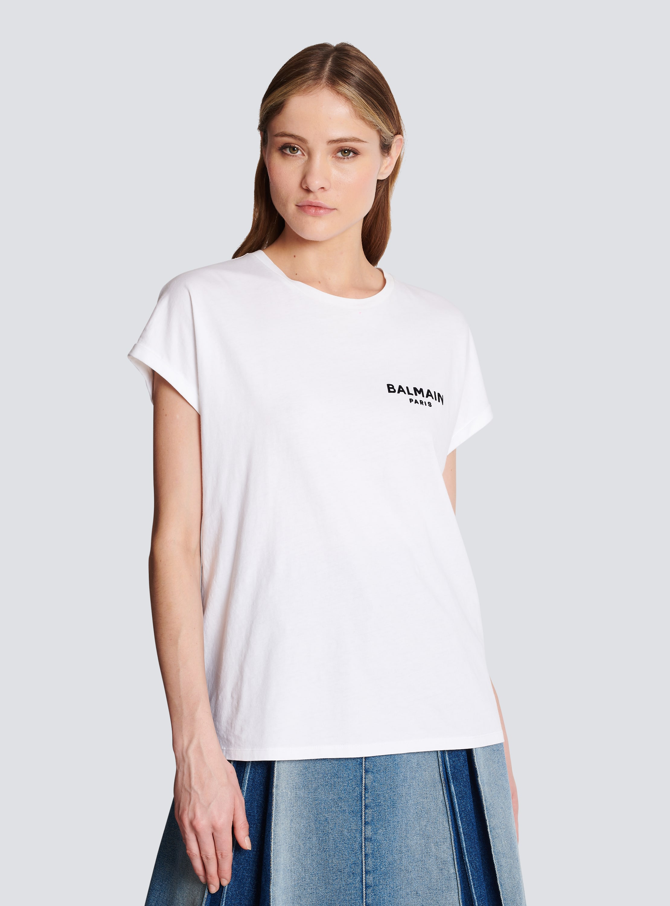 Eco-designed cotton T-shirt with small flocked Balmain logo