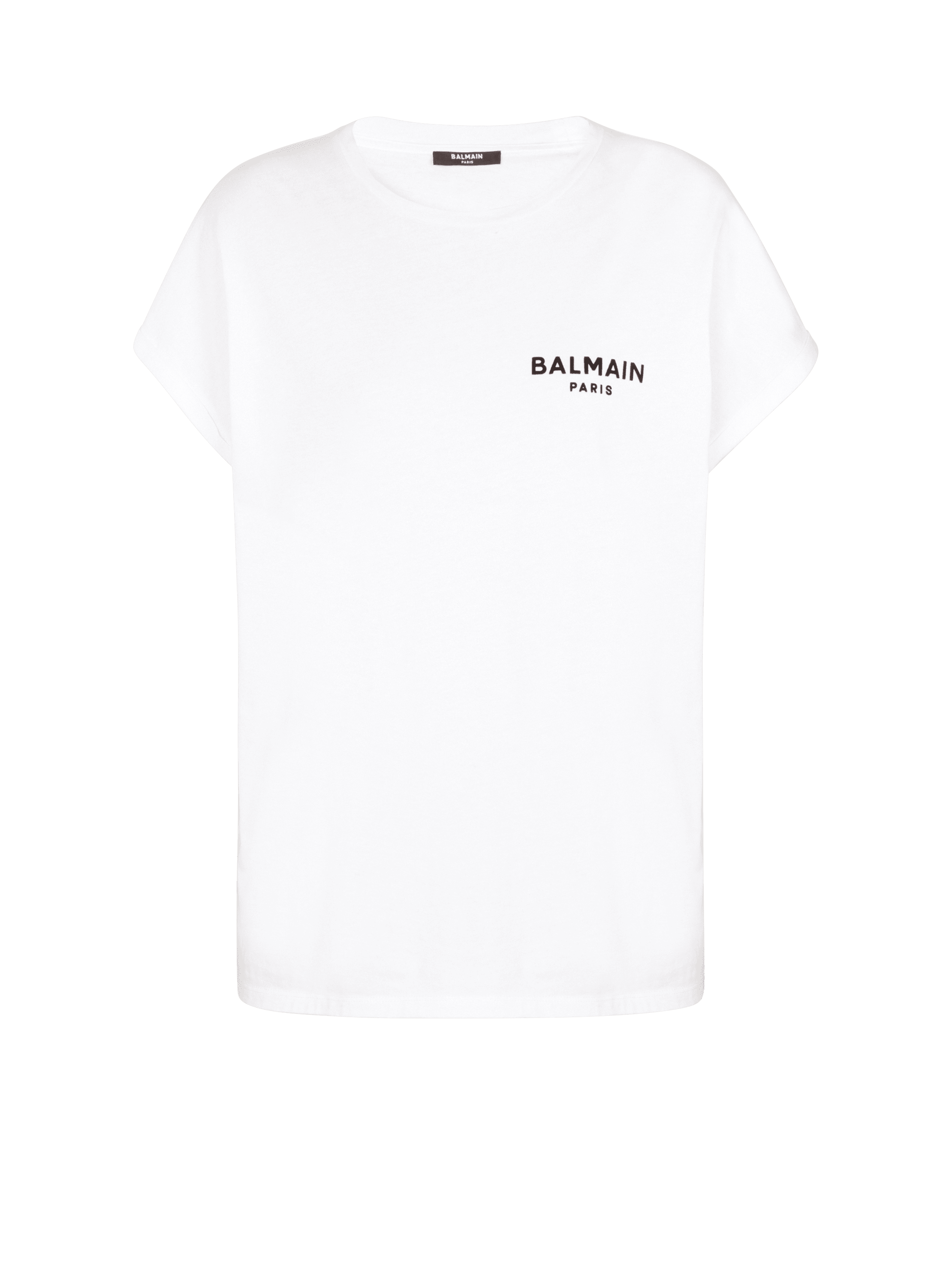 T-Shirt aus Bio-Baumwolle mit kleinem geflocktem Balmain-Logo in Weiß