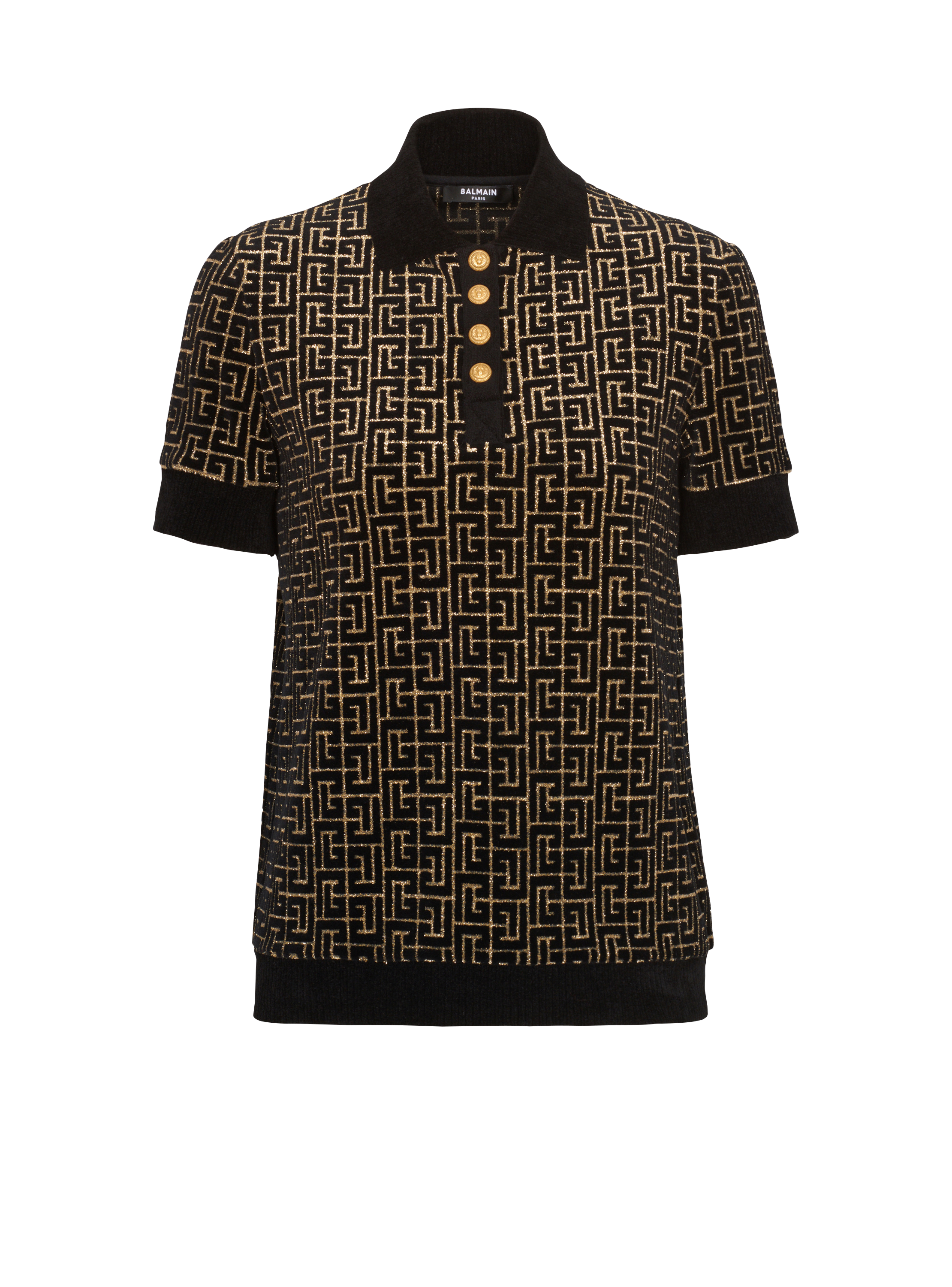 Monogramm-Polohemd aus Velours-Jacquard, schwarz, hi-res
