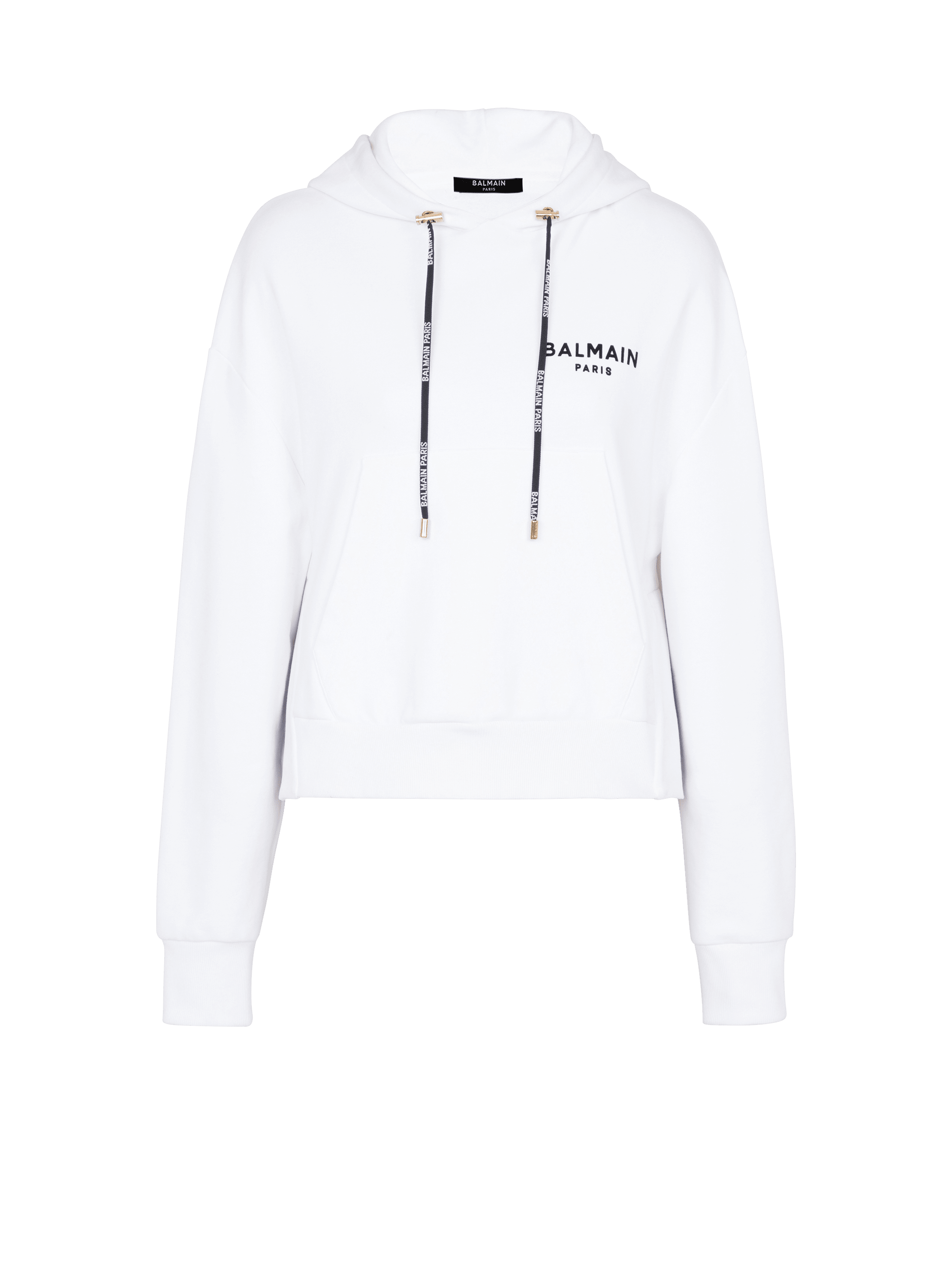 Cropped-Sweatshirt aus Bio-Baumwolle mit weißem geflocktem Balmain-Logo, WeiB, hi-res