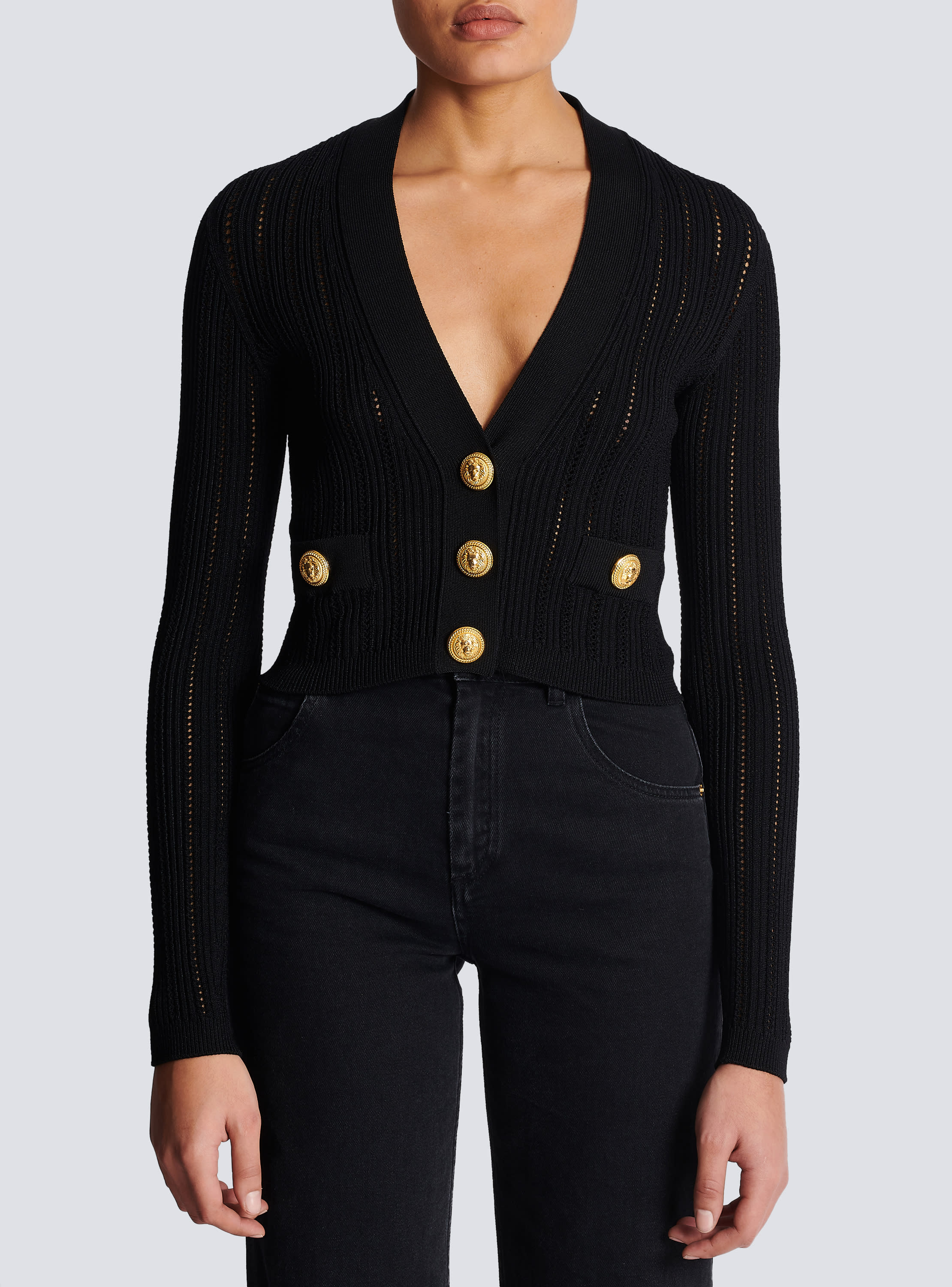 Balmain Houndstooth Printed Cropped Knit Cardigan in Black