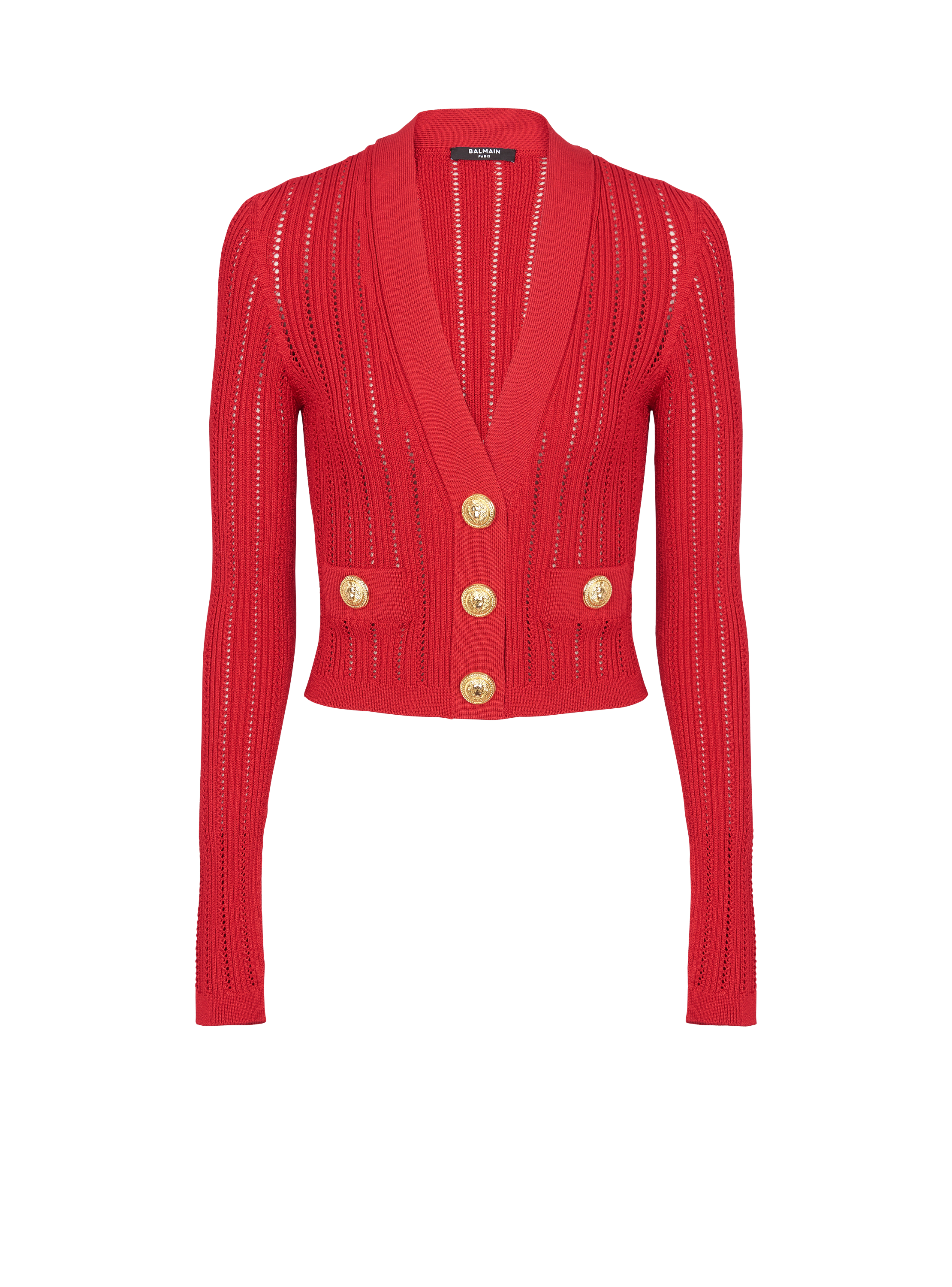 Cropped knit cardigan, red, hi-res