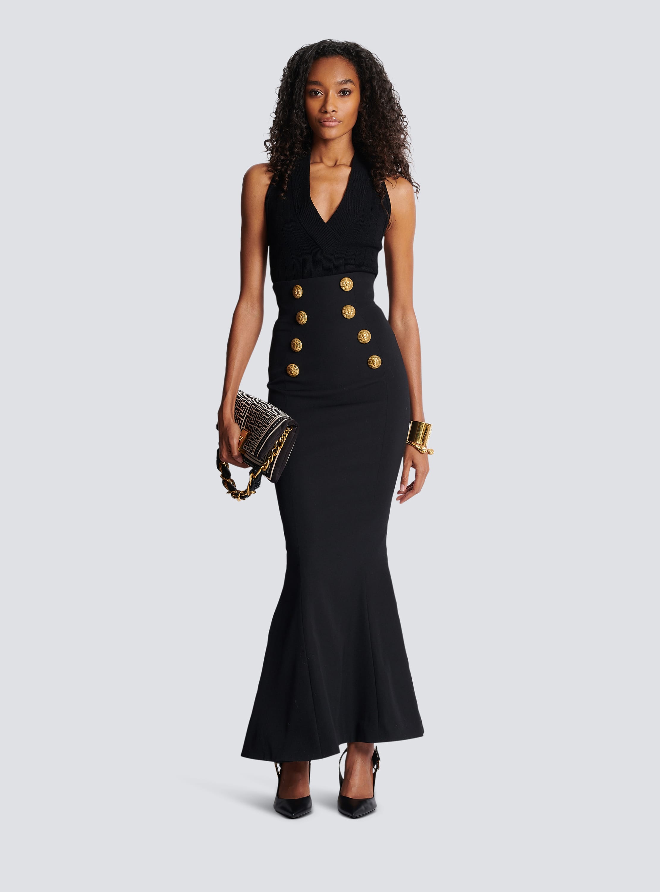 Jupe longue taille haute boutonn e noir Femme BALMAIN