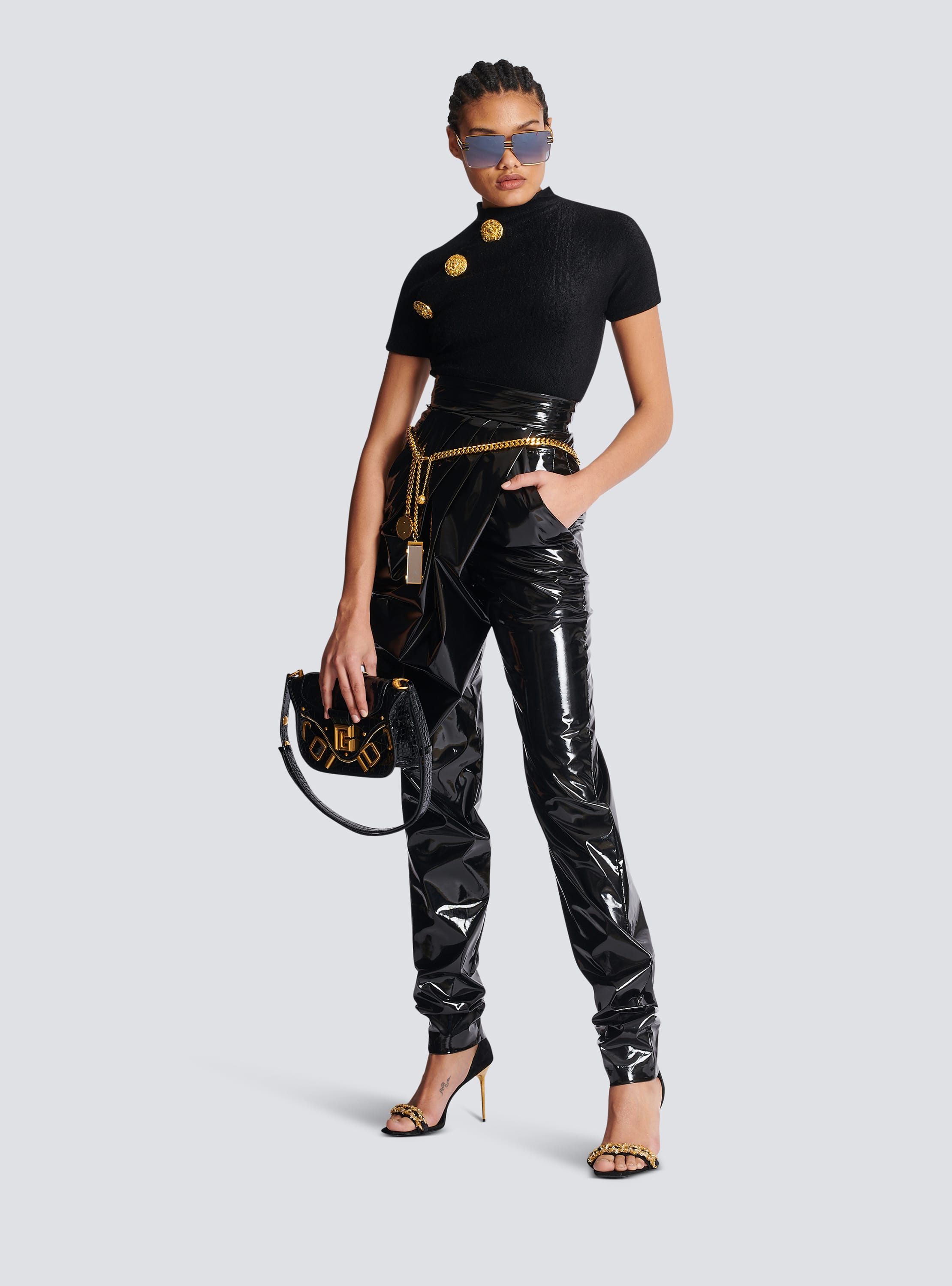 Asymmetric draped vinyl trousers