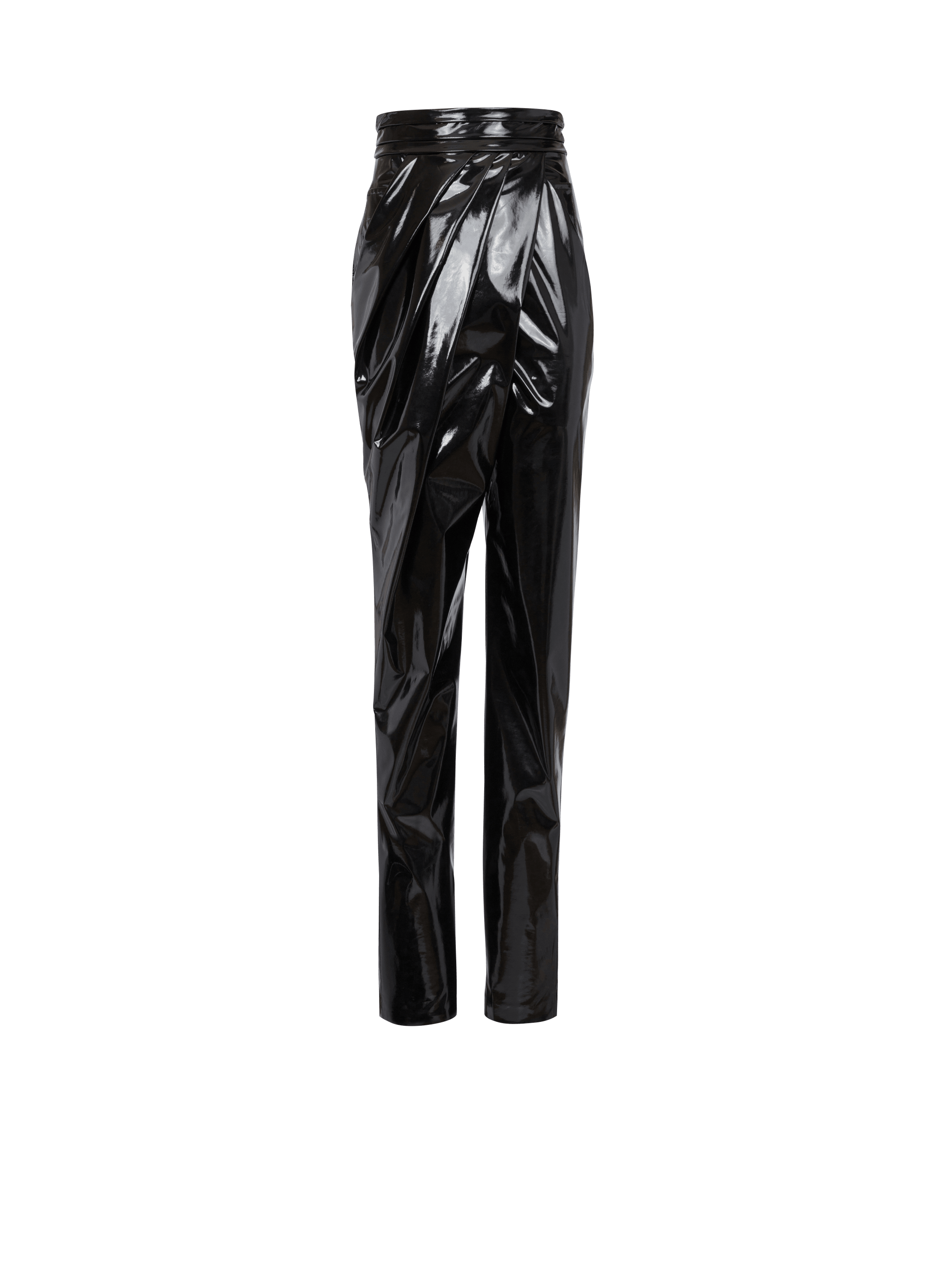 Asymmetric draped vinyl trousers, black, hi-res