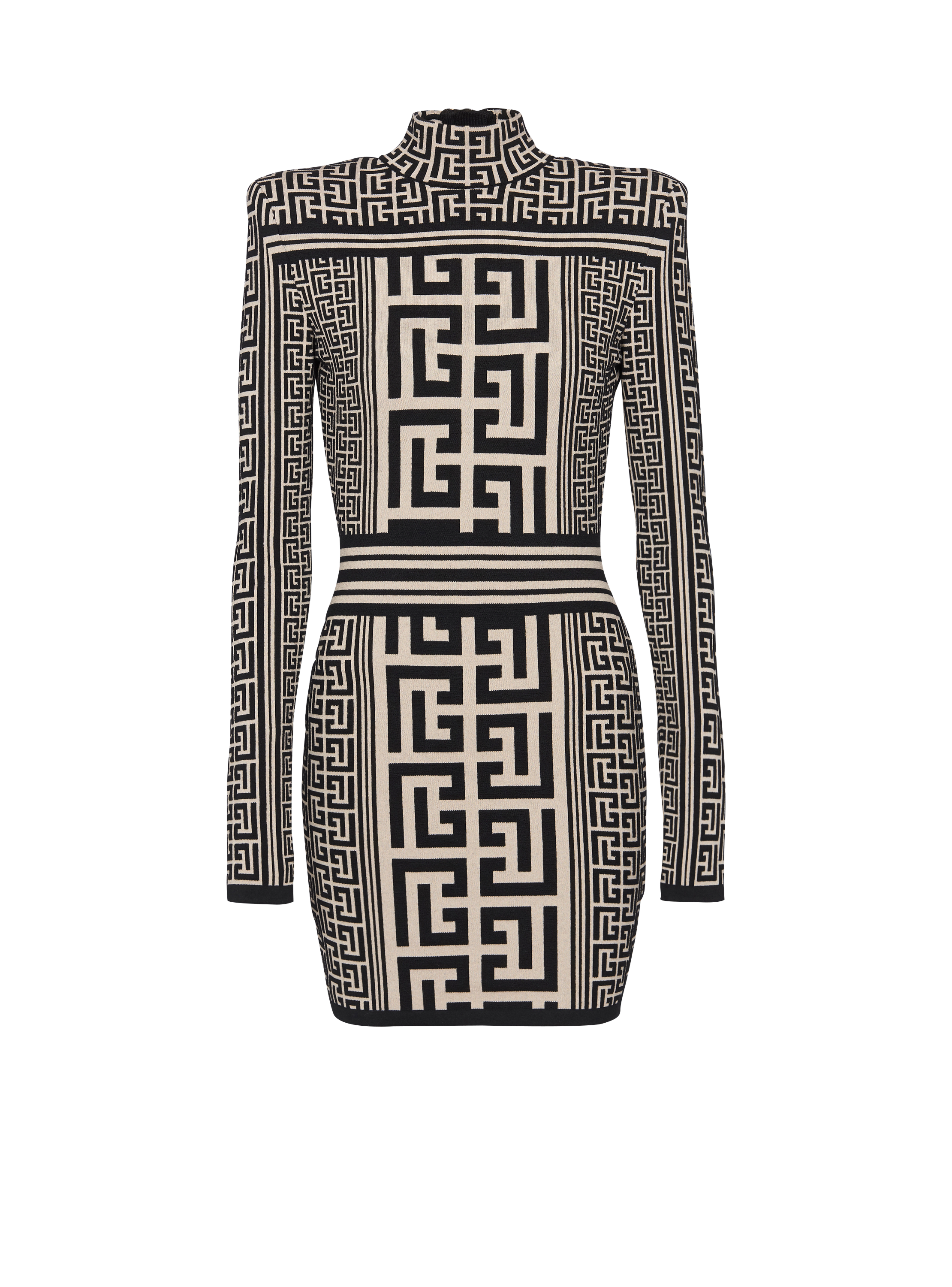 BALMAIN: dress in stretch knit with all-over monogram - Black