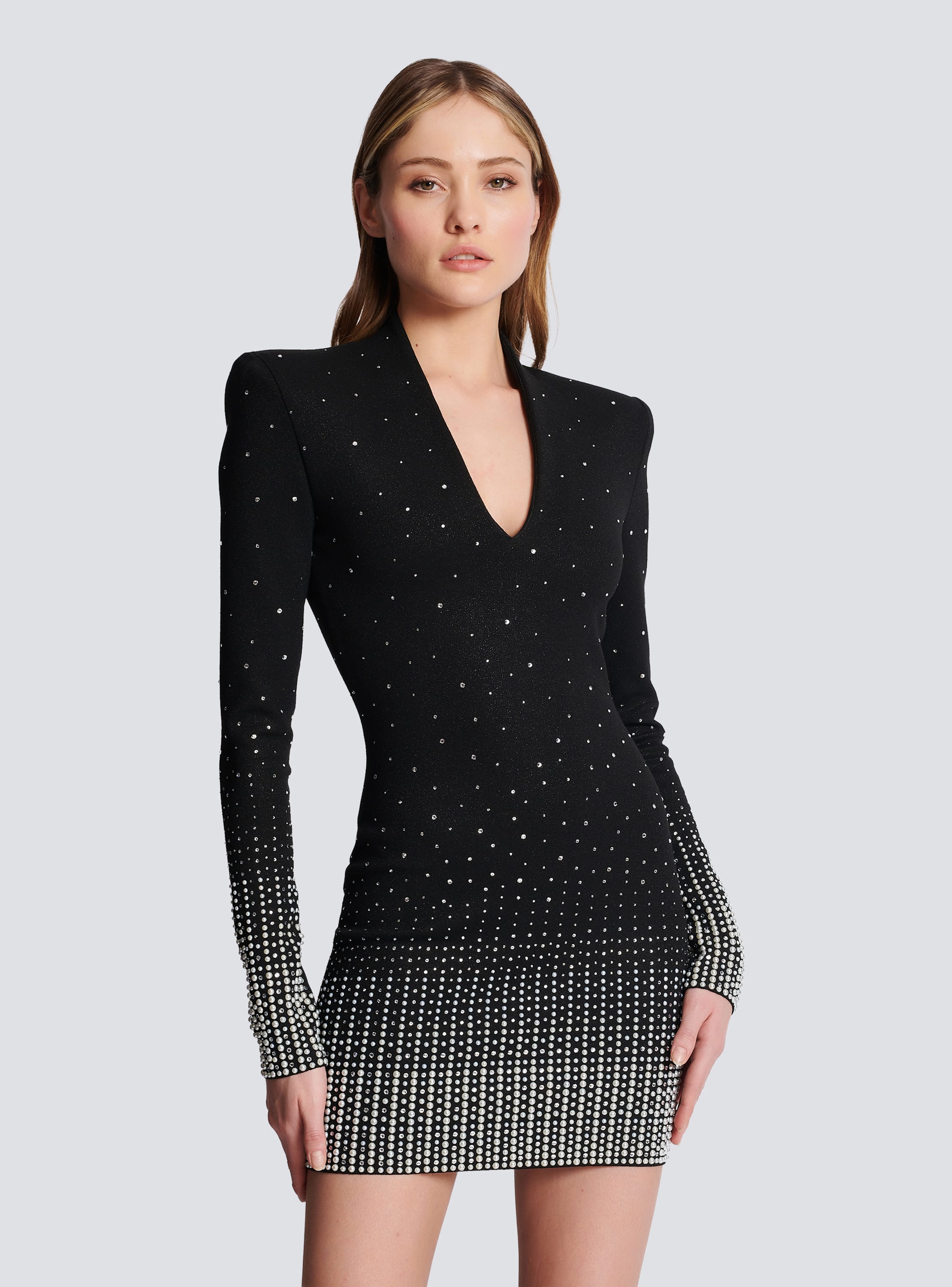 Knit dress with pearl and crystal embroidery - Women | BALMAIN