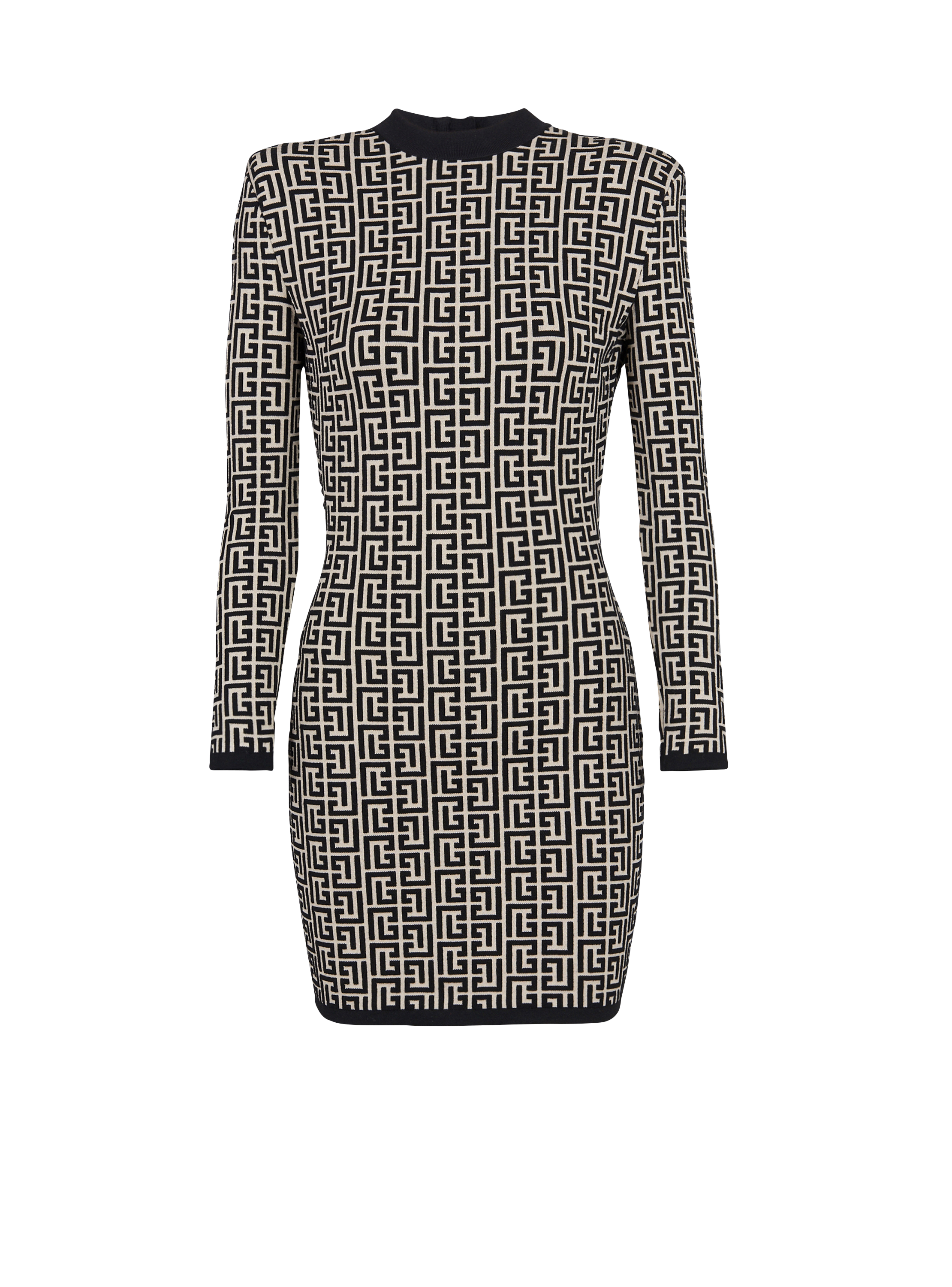 Short bicolor jacquard dress with Balmain monogram, black, hi-res