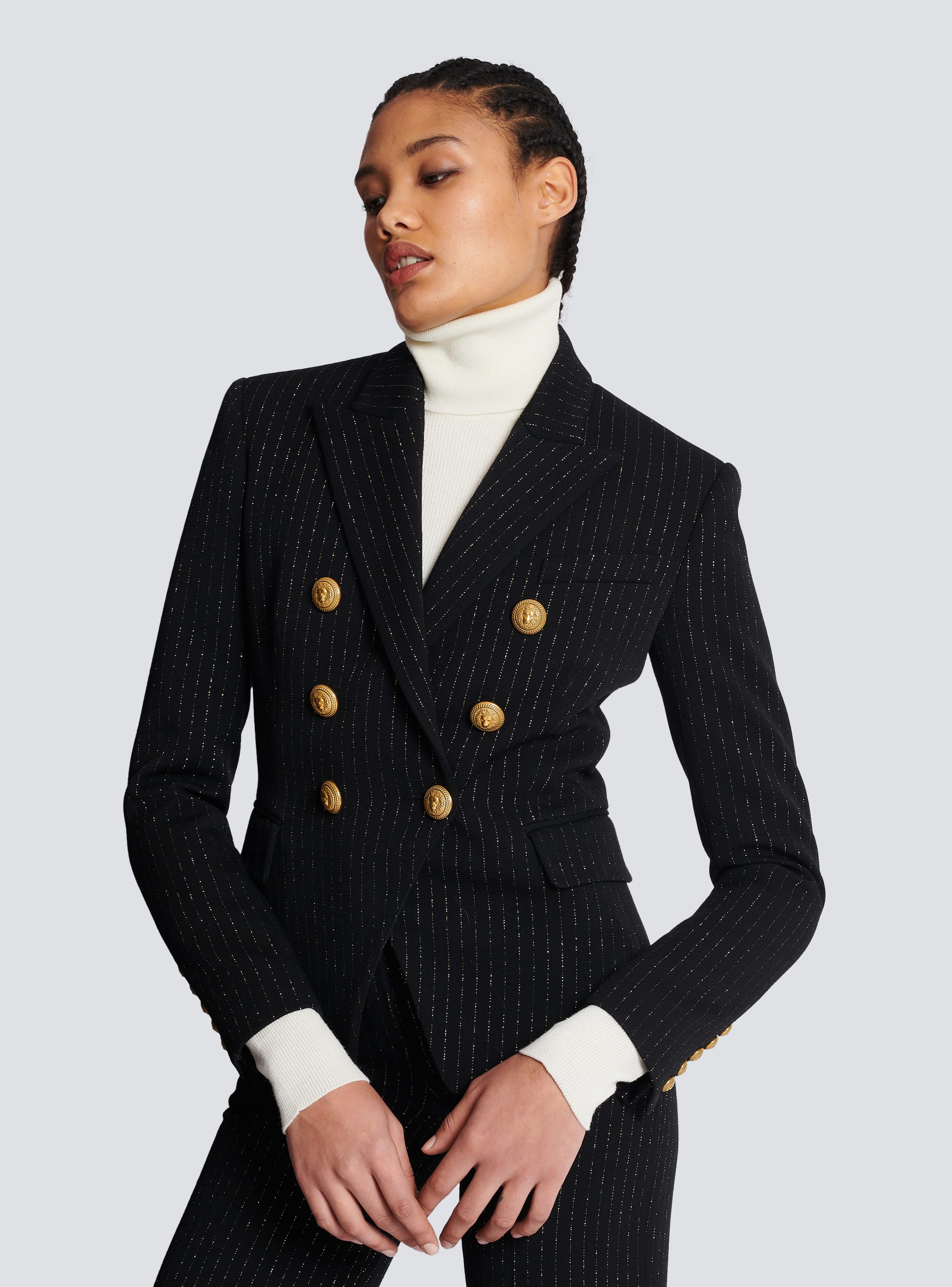 Women's Blazer - Six Brass Buttons Front / Black