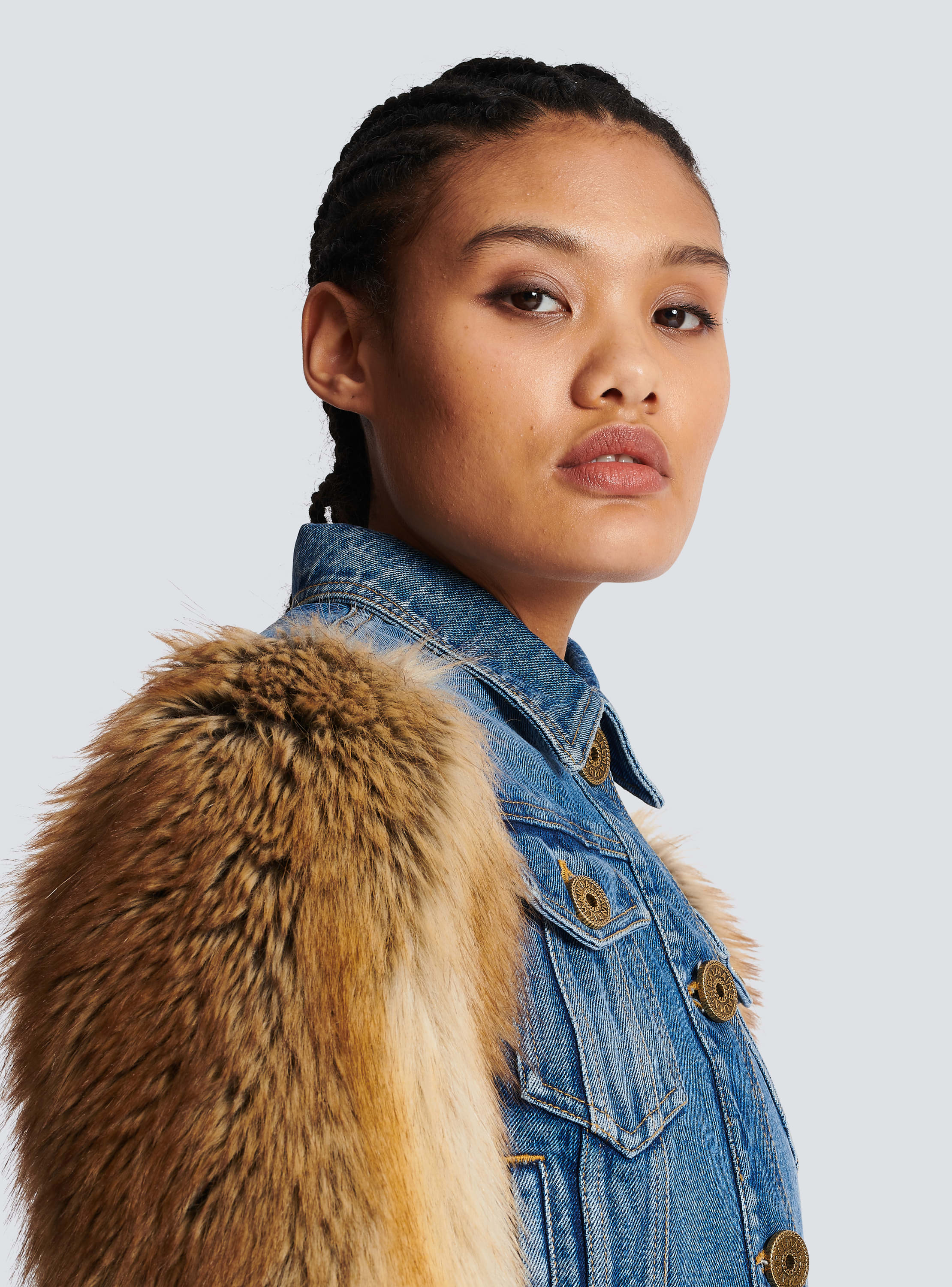 Denim jacket with hot sale faux fur sleeves