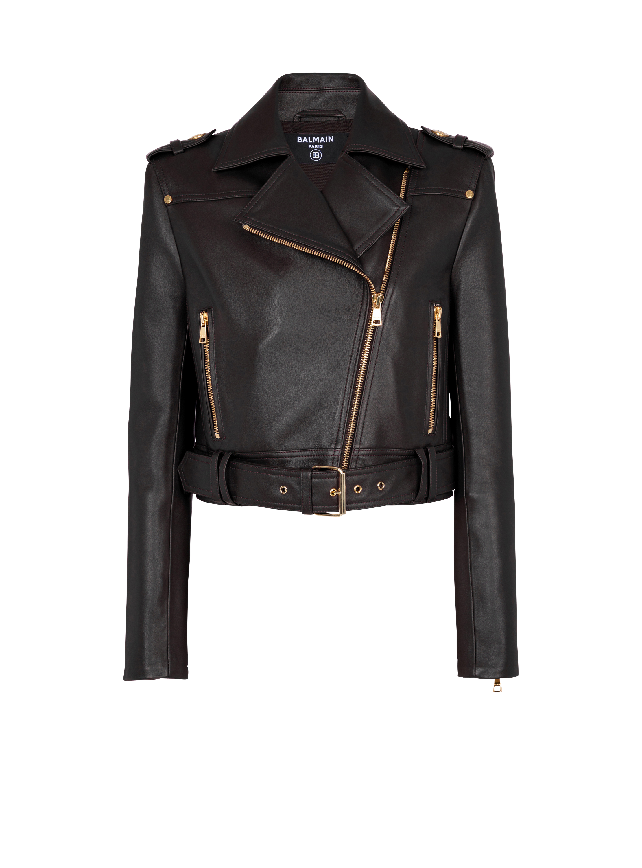 Short leather biker jacket black Women BALMAIN