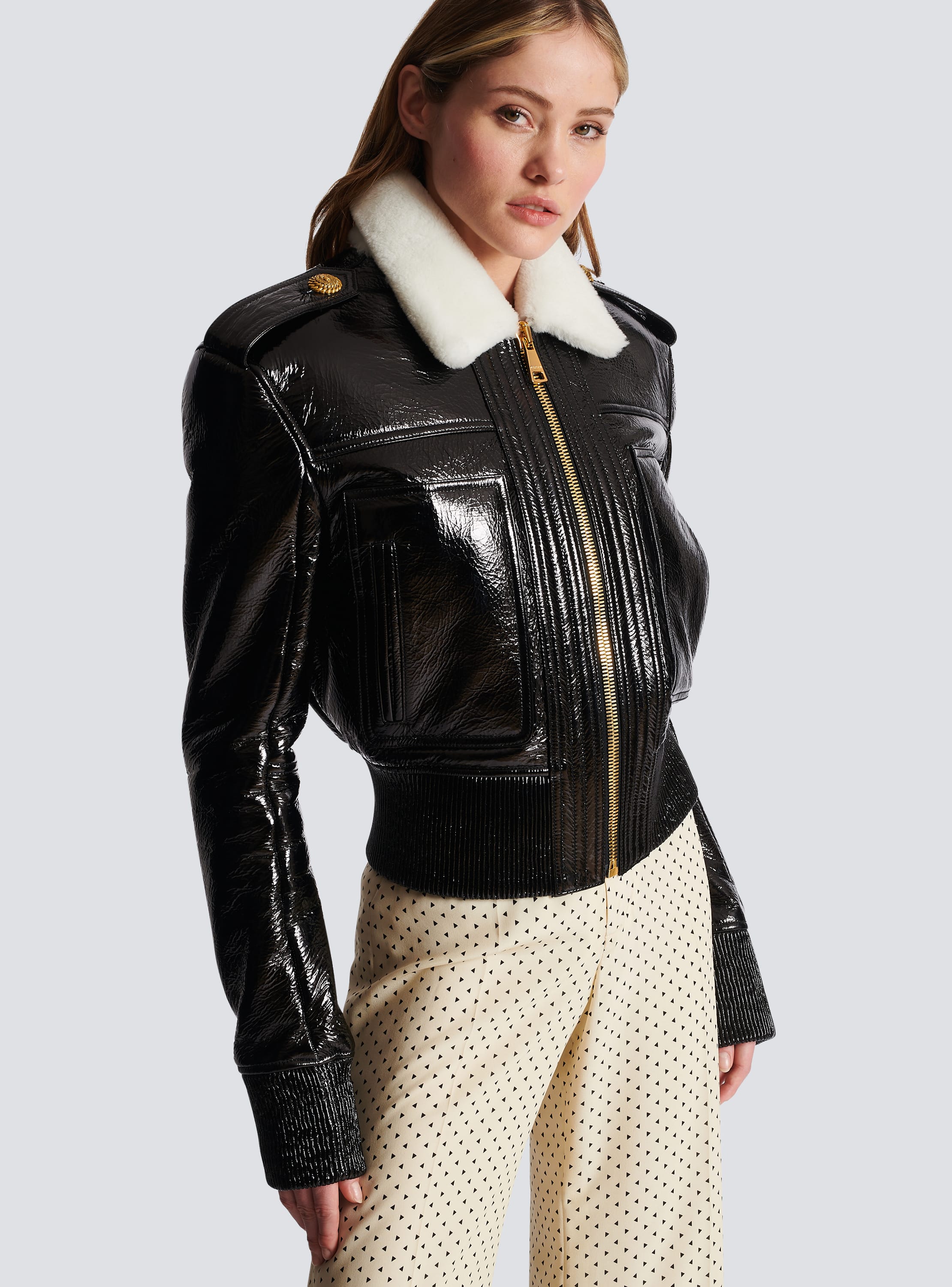 Balmain - Patent Leather and Faux Fur Jacket