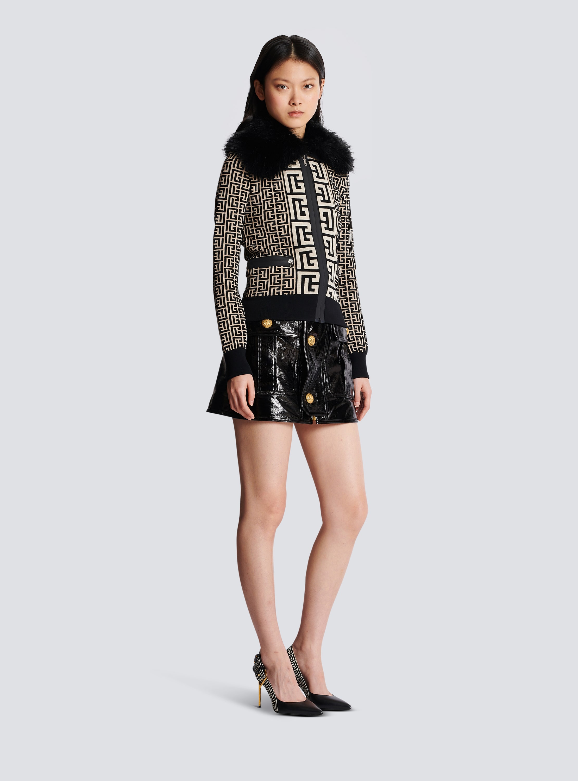 Balmain - Monogrammed Knit Jacket with Faux Fur