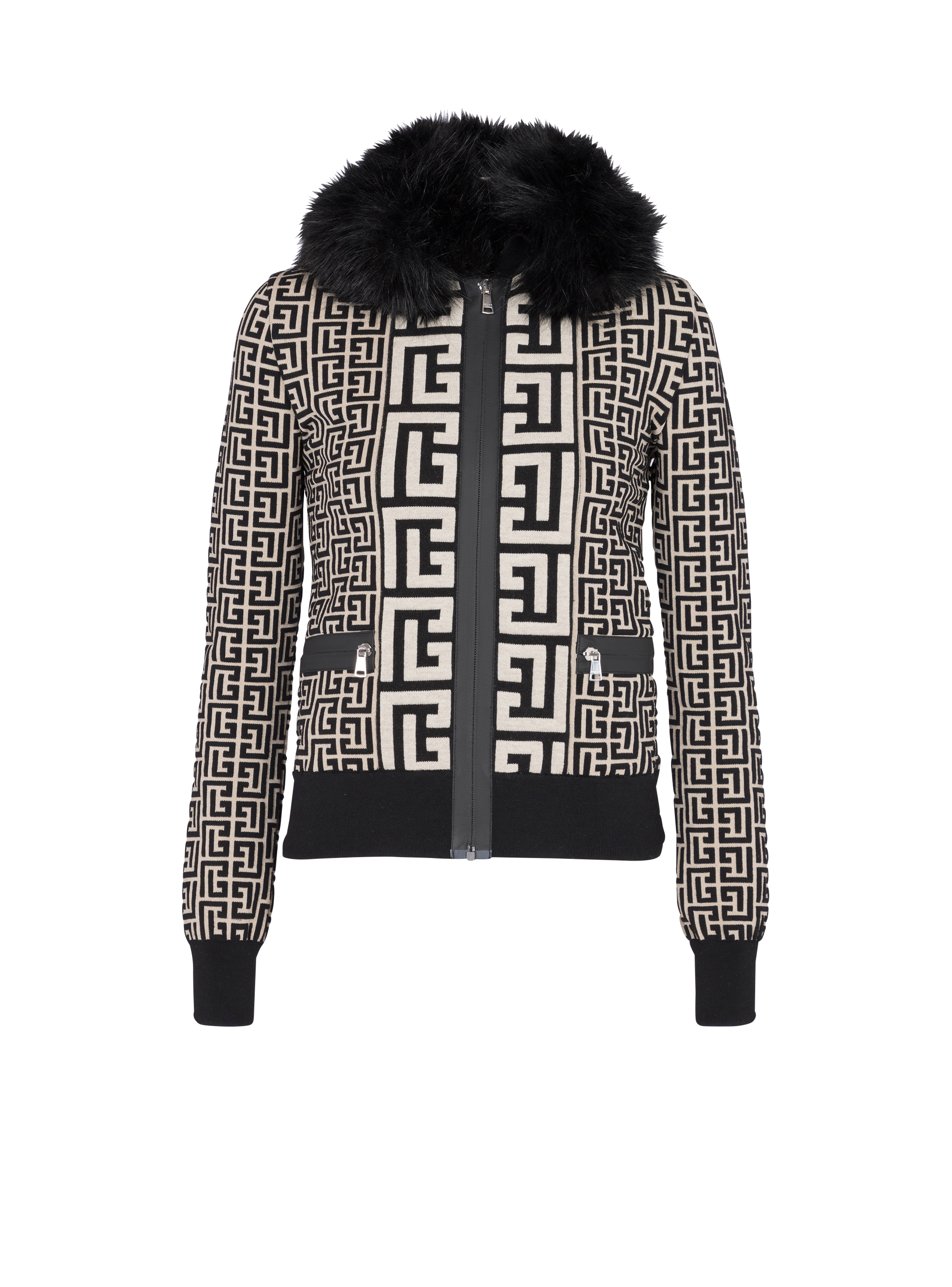 Monogrammed knit jacket with faux fur black - Women