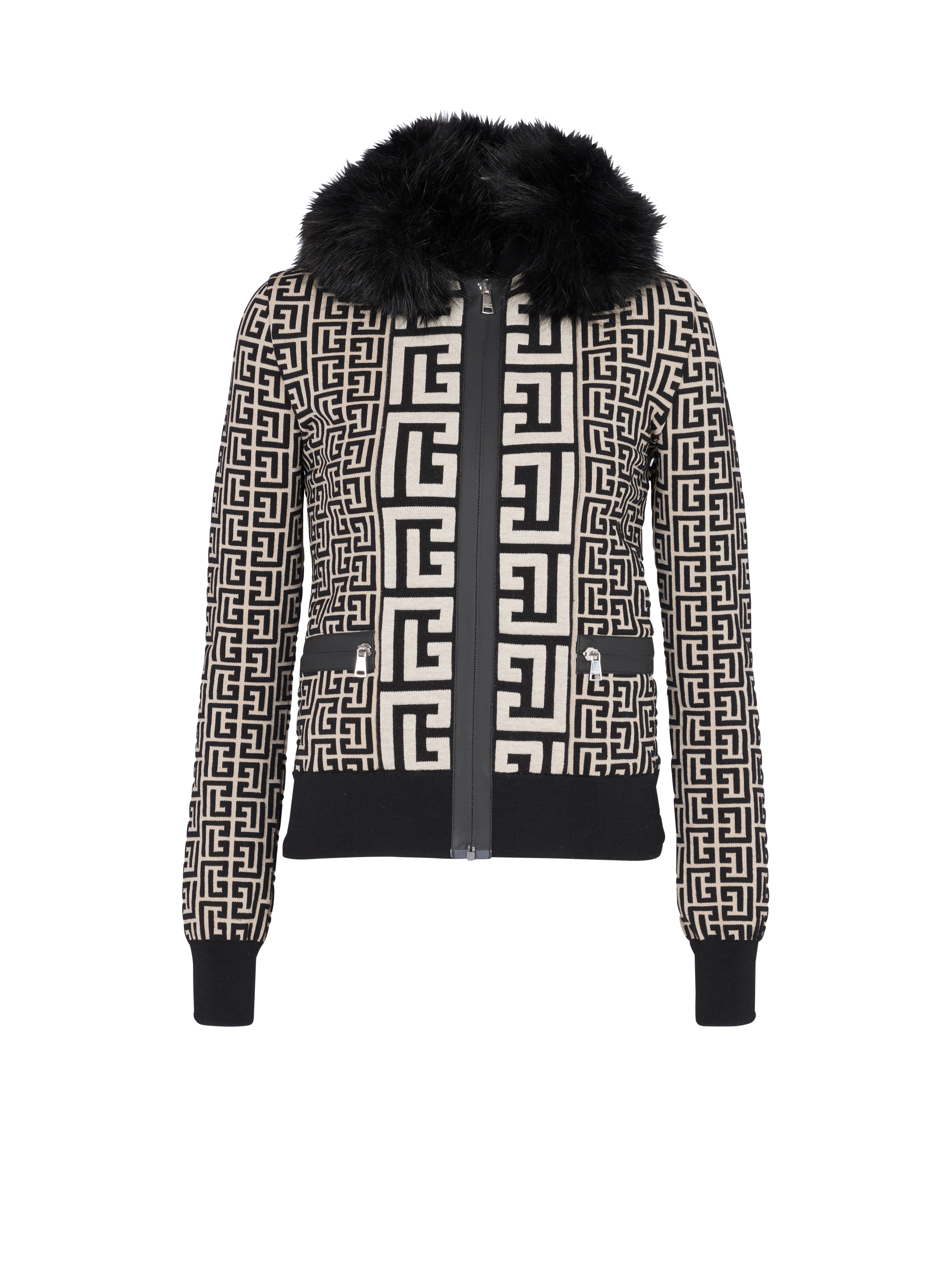 Veste en maille monogramme et fausse fourrure noir Femme BALMAIN