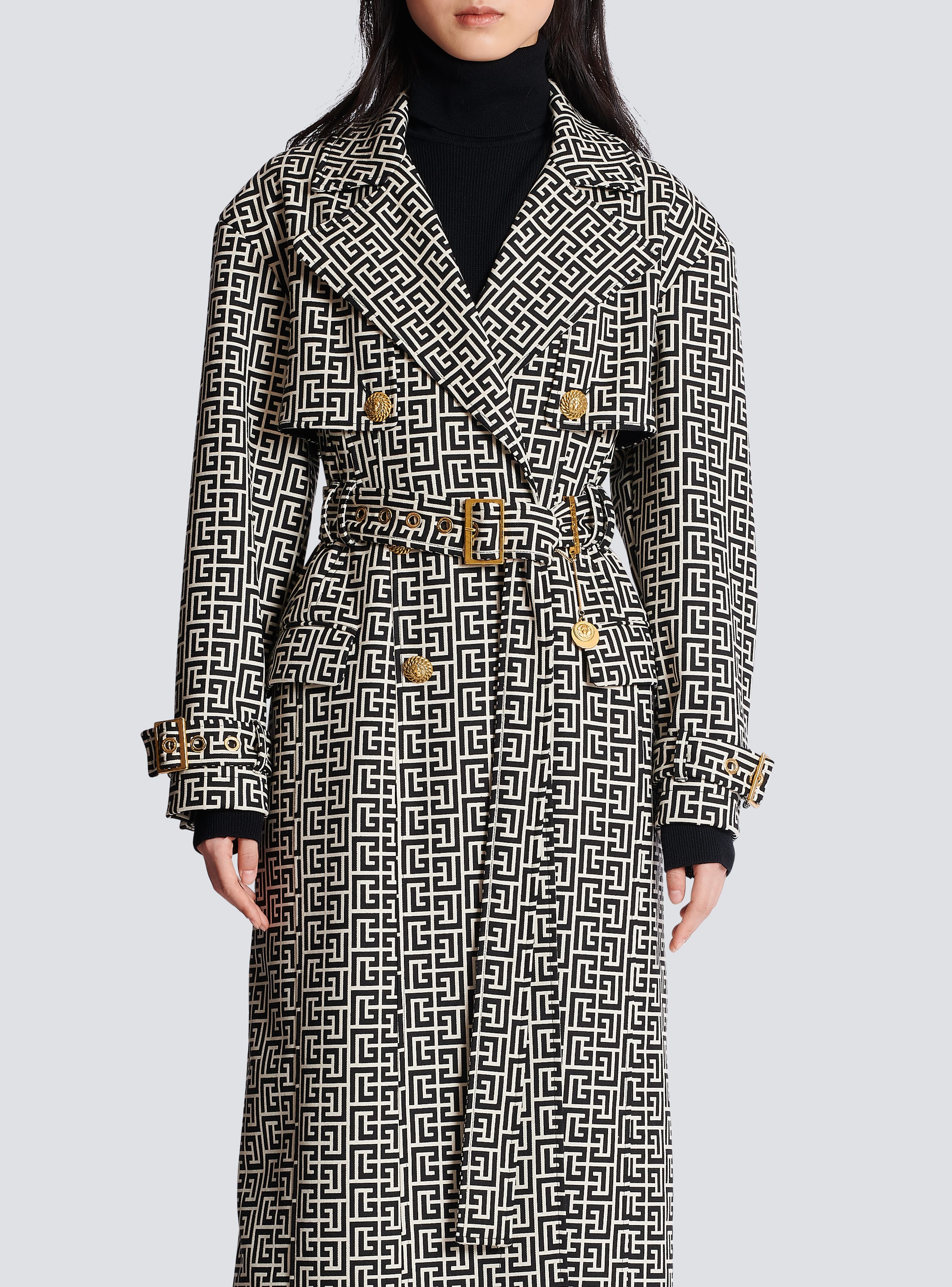 Monogram Jacquard Trench Coat in Black - Balmain