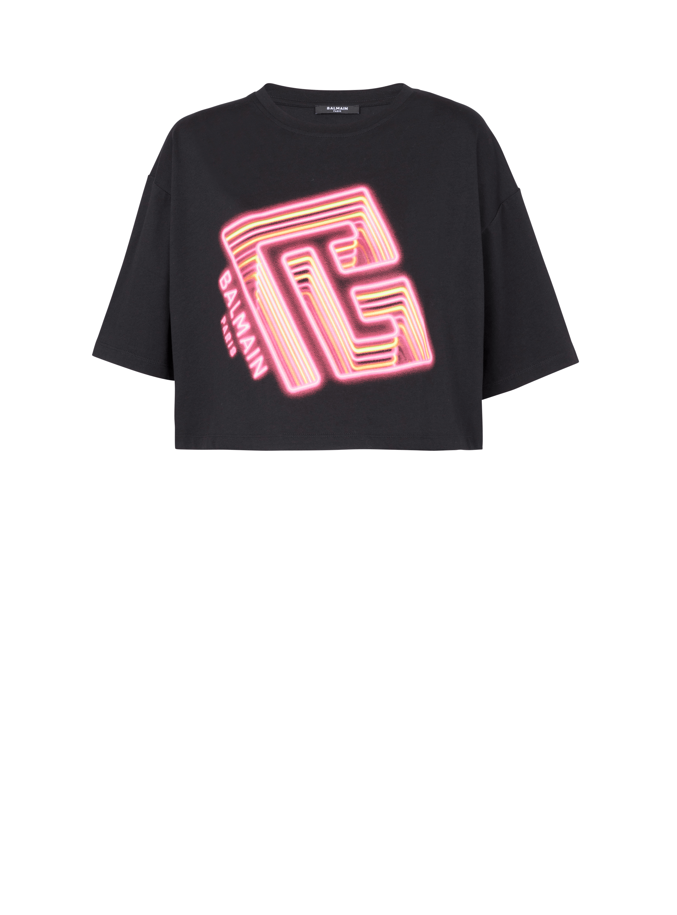 네온 프린트 장식 크롭 티셔츠, 검정색, hi-res