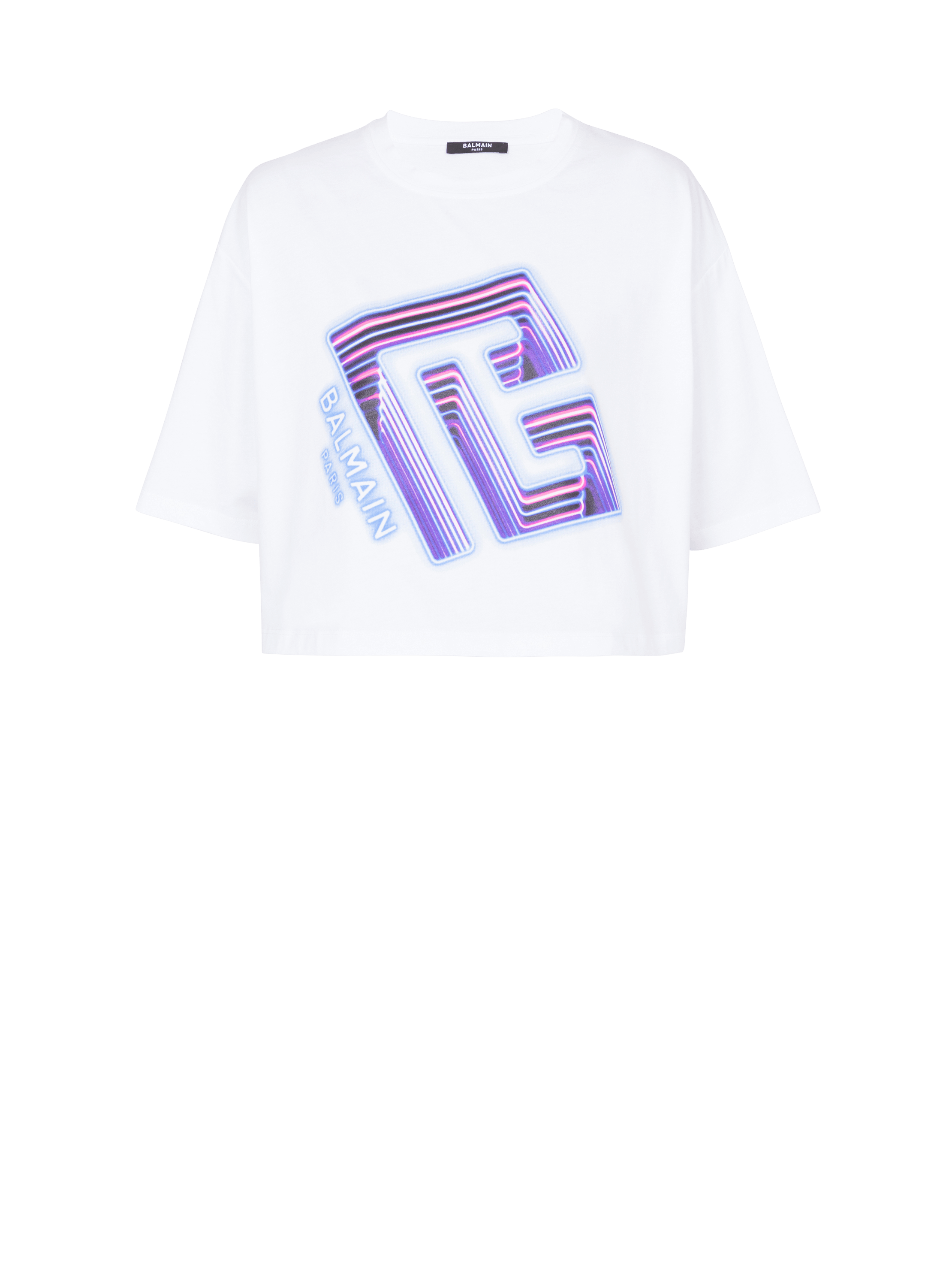 네온 프린트 장식 크롭 티셔츠, 흰색, hi-res