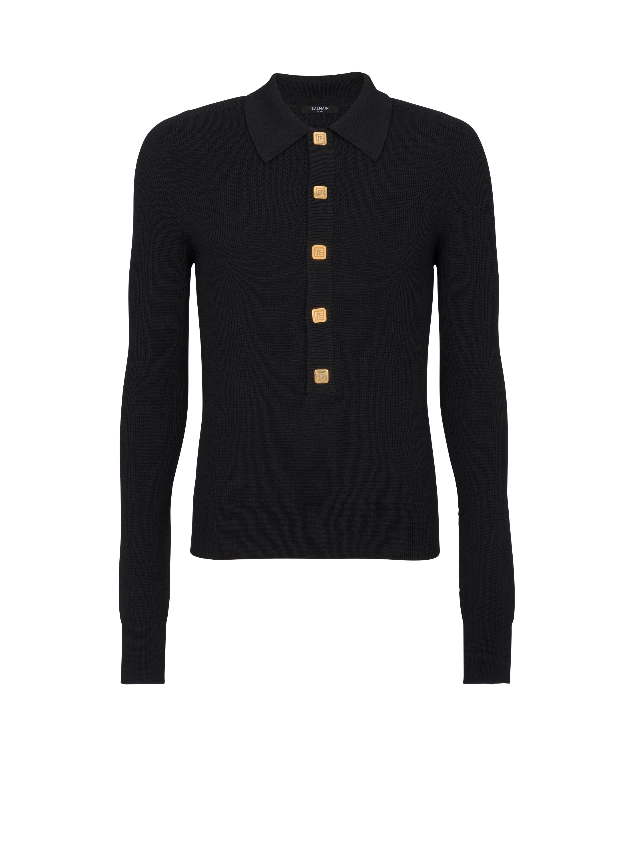Wool PB buttoned polo shirt, black, hi-res