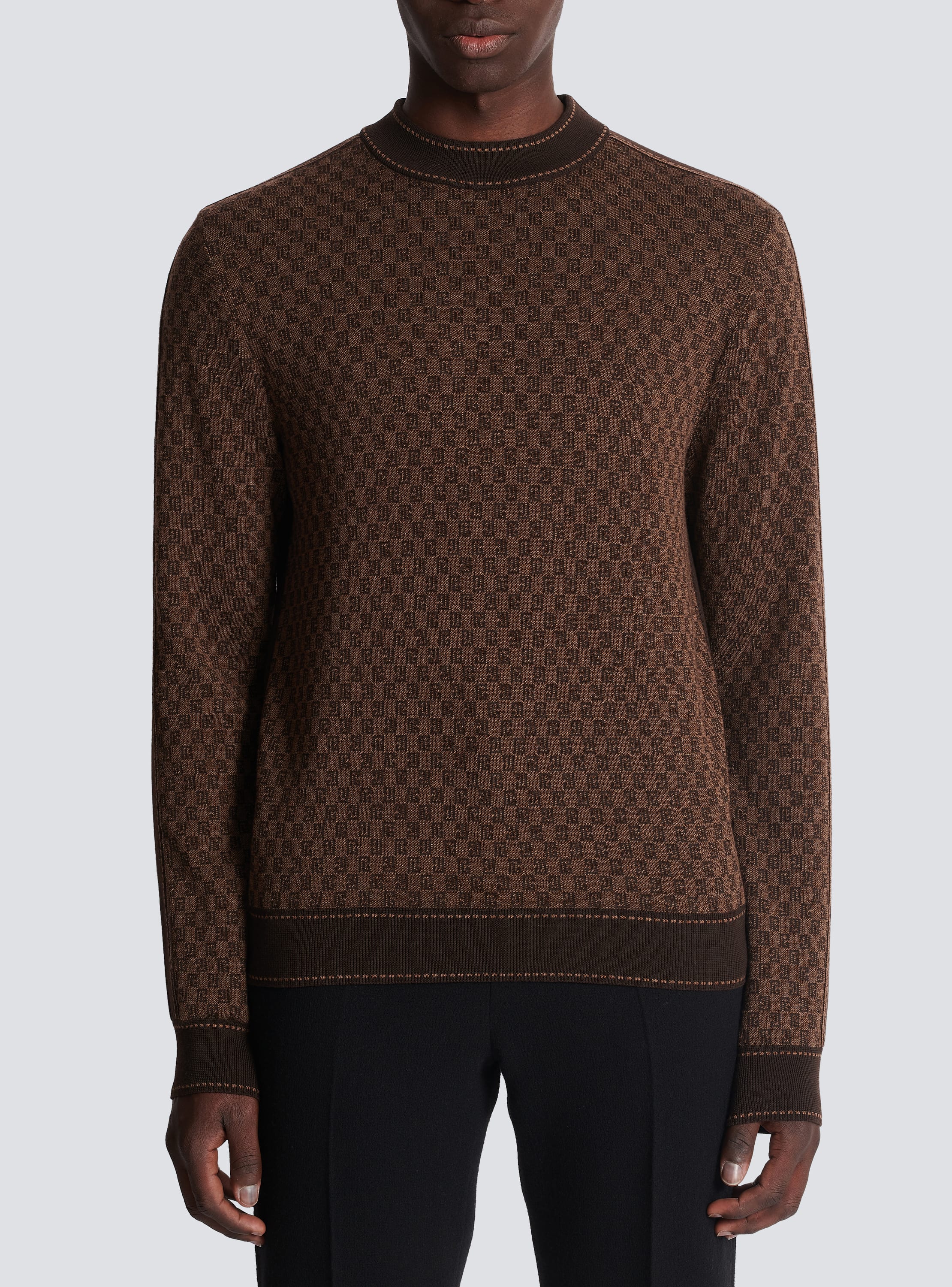 Balmain Men's Merino Wool Mini Monogram Sweater - Brown - Crew Neck