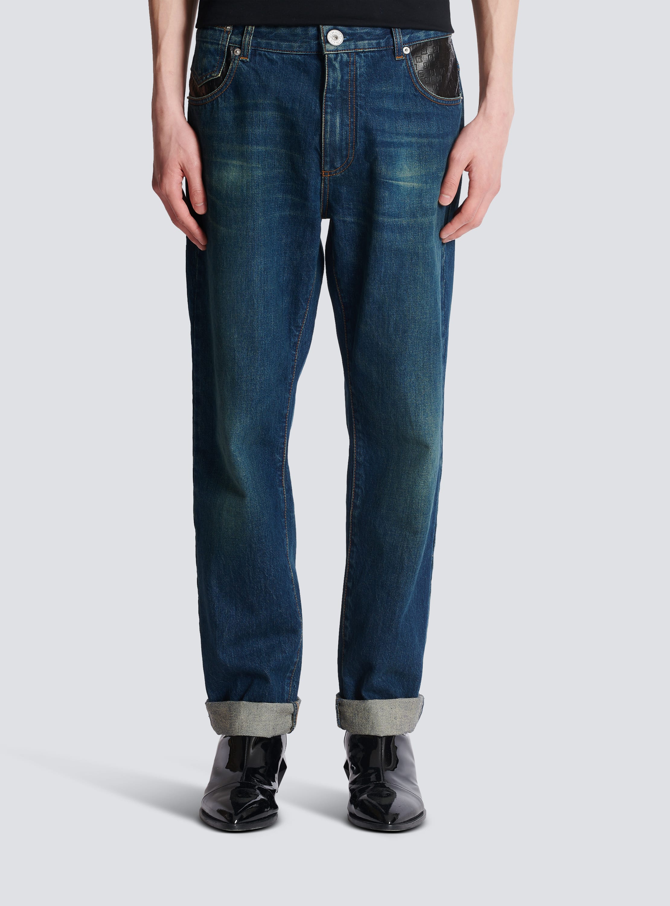Straight-leg jeans with leather pockets BALMAIN Men navy - 