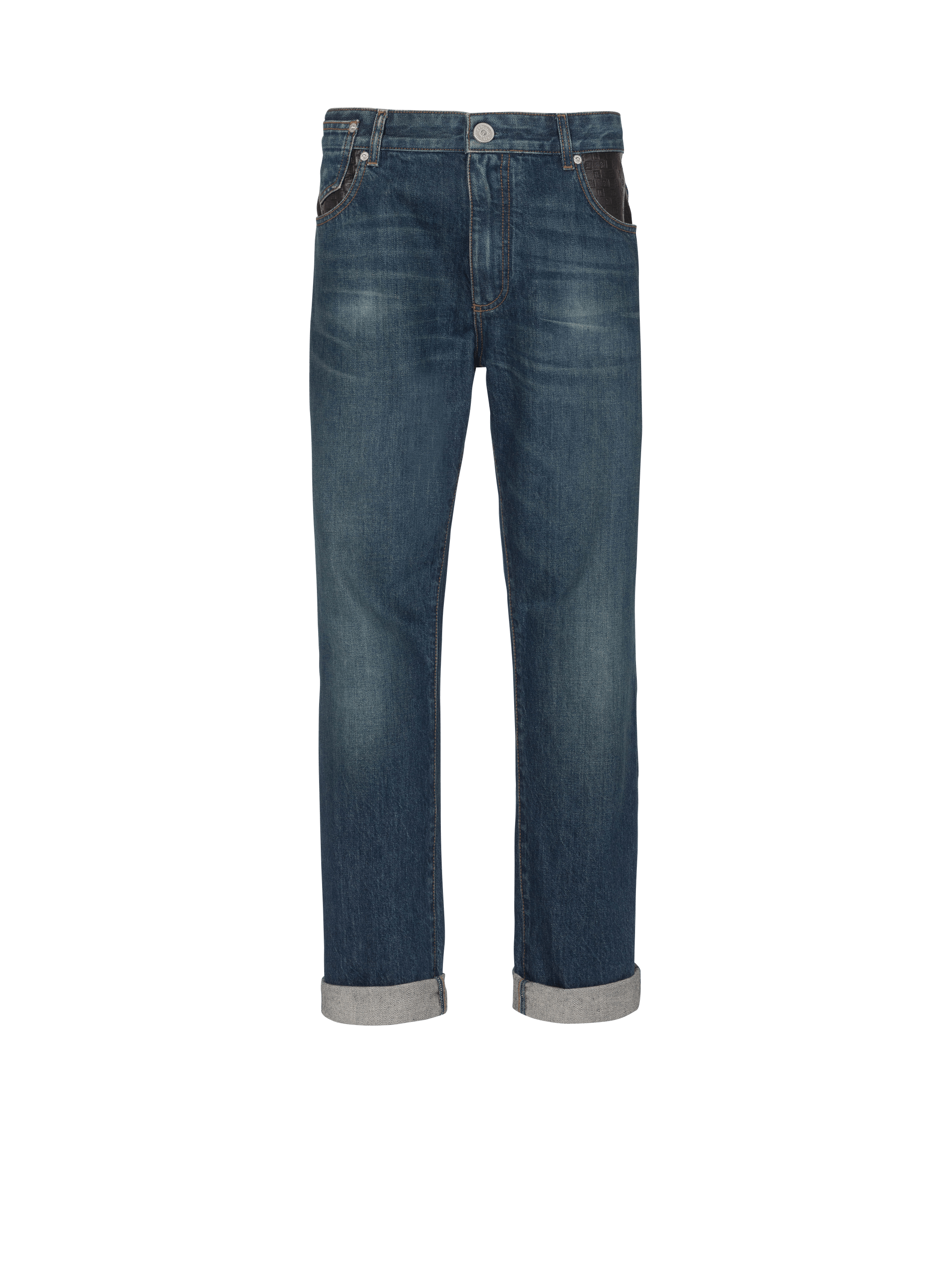 Gerade geschnittene Jeans mit Taschen aus Leder, marineblau, hi-res