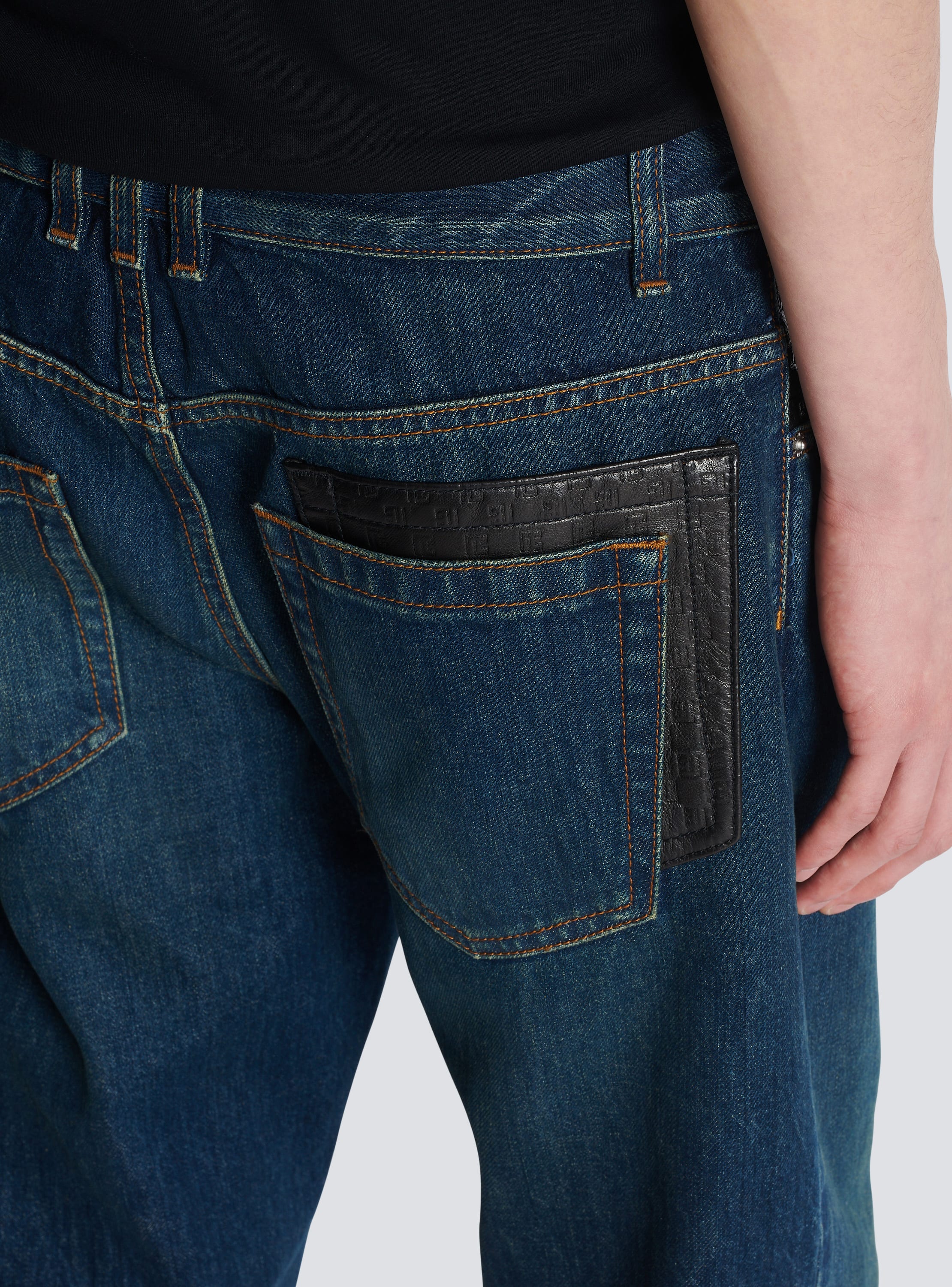Straight-leg jeans with leather navy BALMAIN Men - pockets 