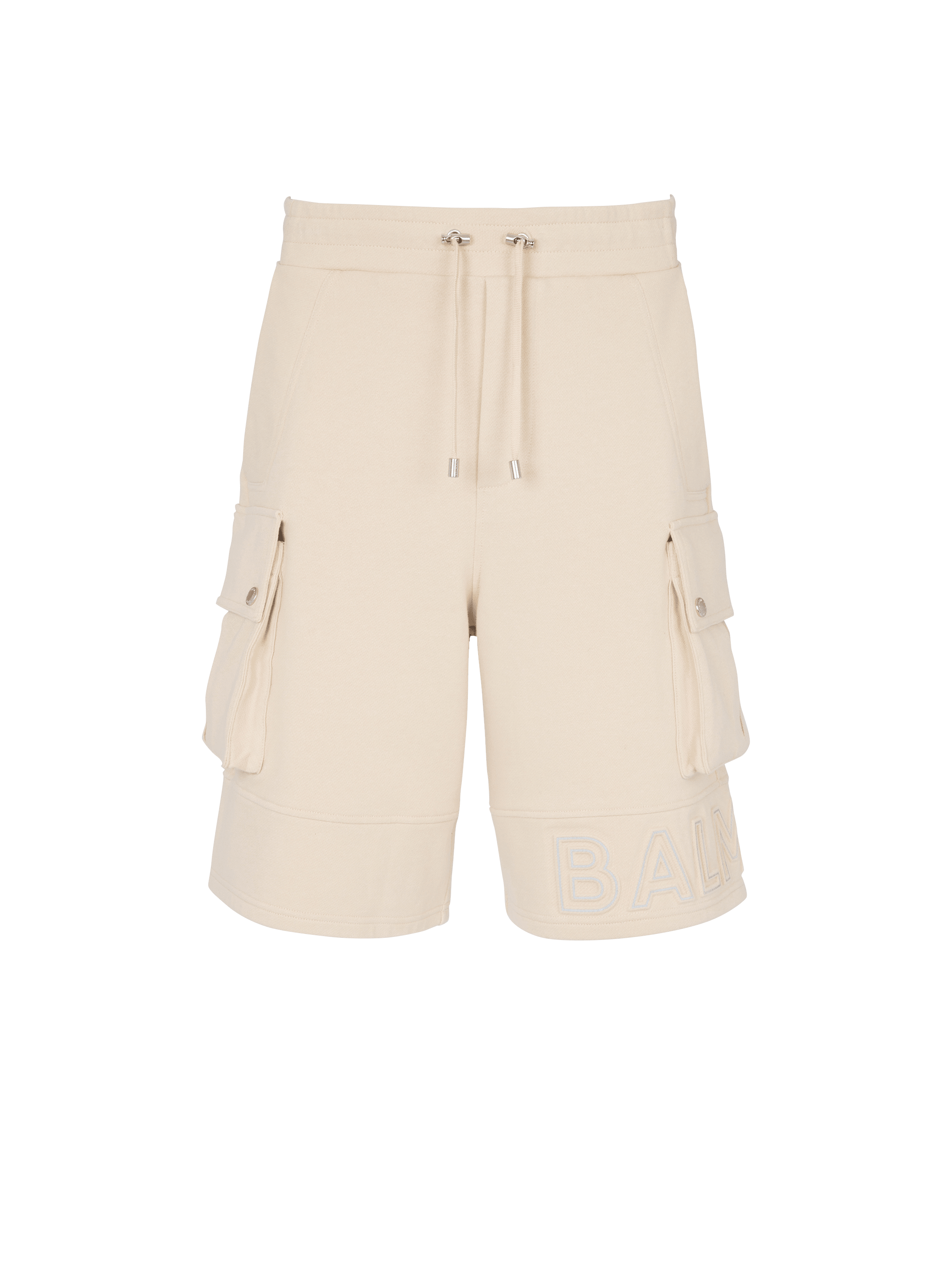 Cargo shorts with reflective Balmain logo, beige, hi-res