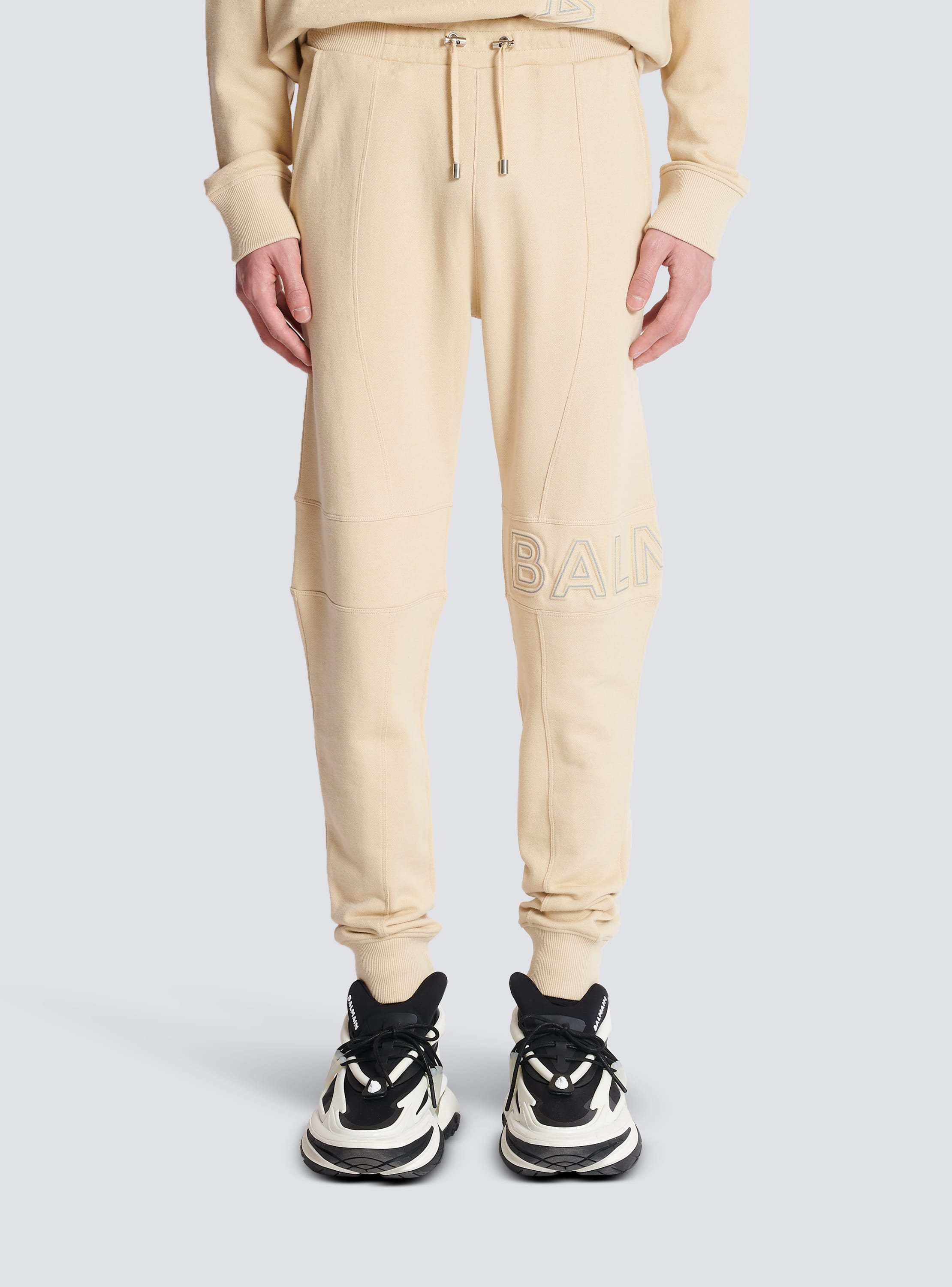 Balmain Ribbed Double Jersey Monogram Sweatpants in Grey