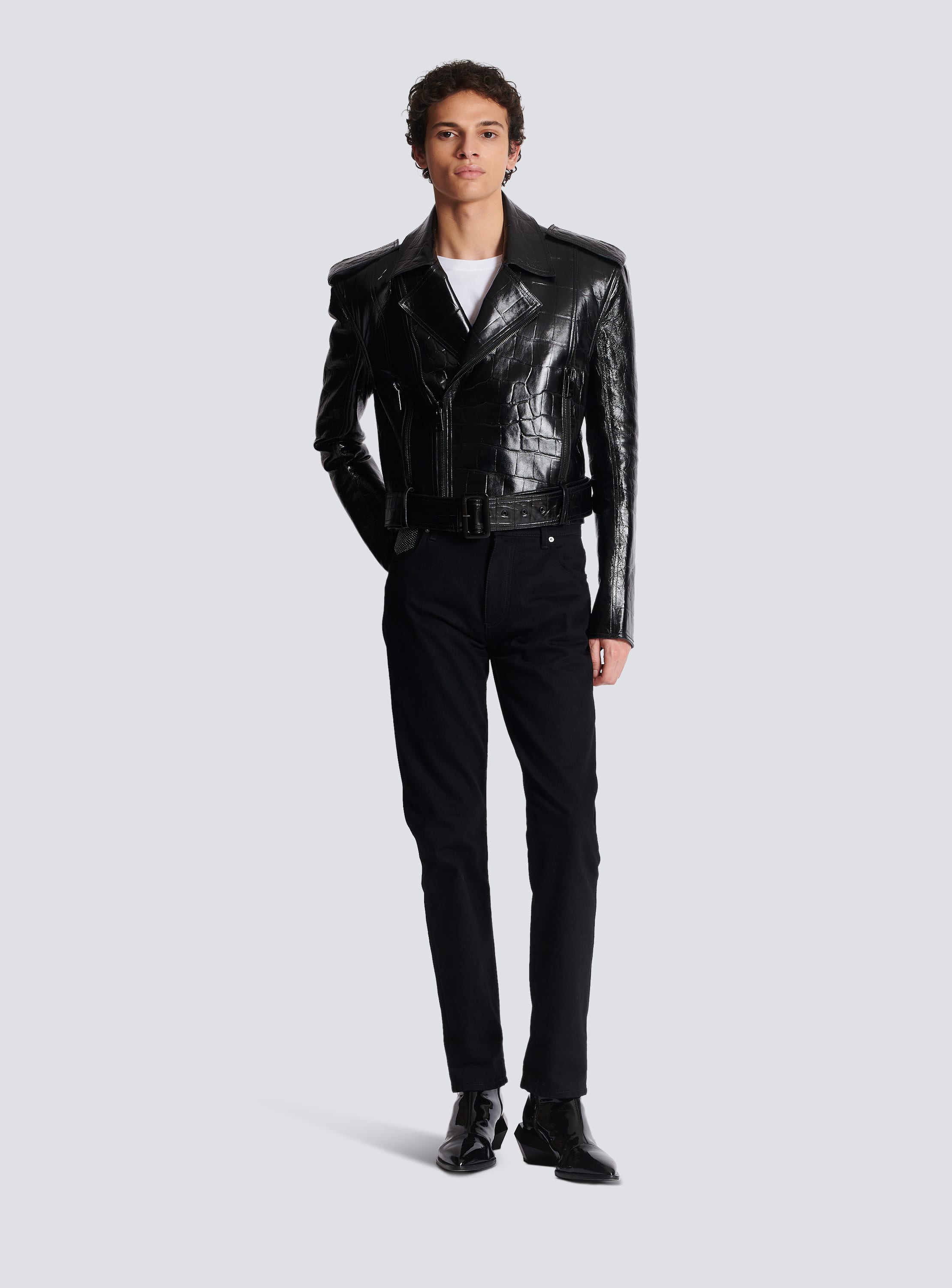 Balmain Women's Croc-Embossed Leather Biker Jacket