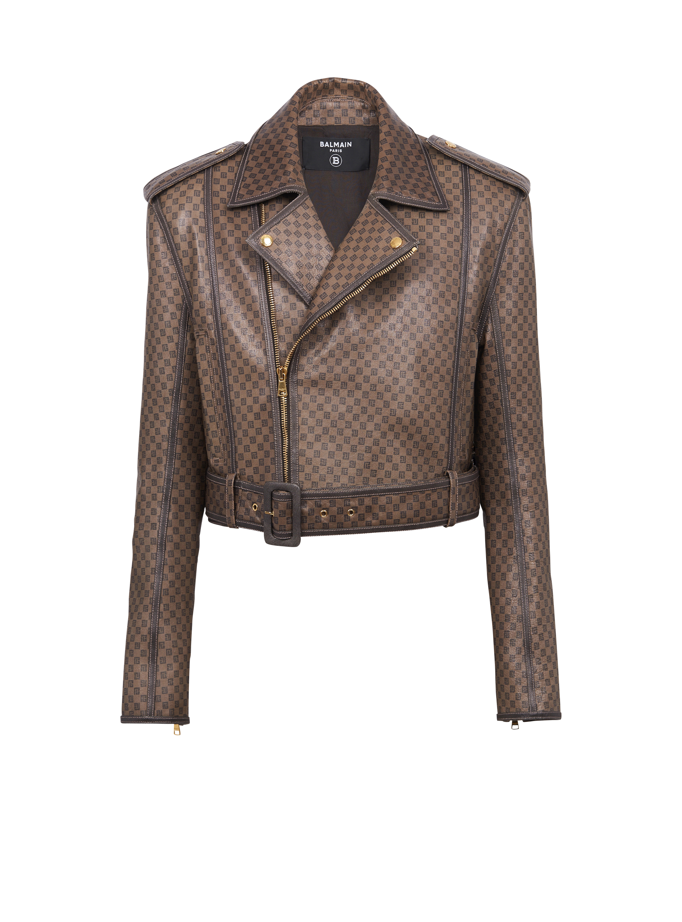 Leather biker jacket with mini monogram print brown - Men | BALMAIN