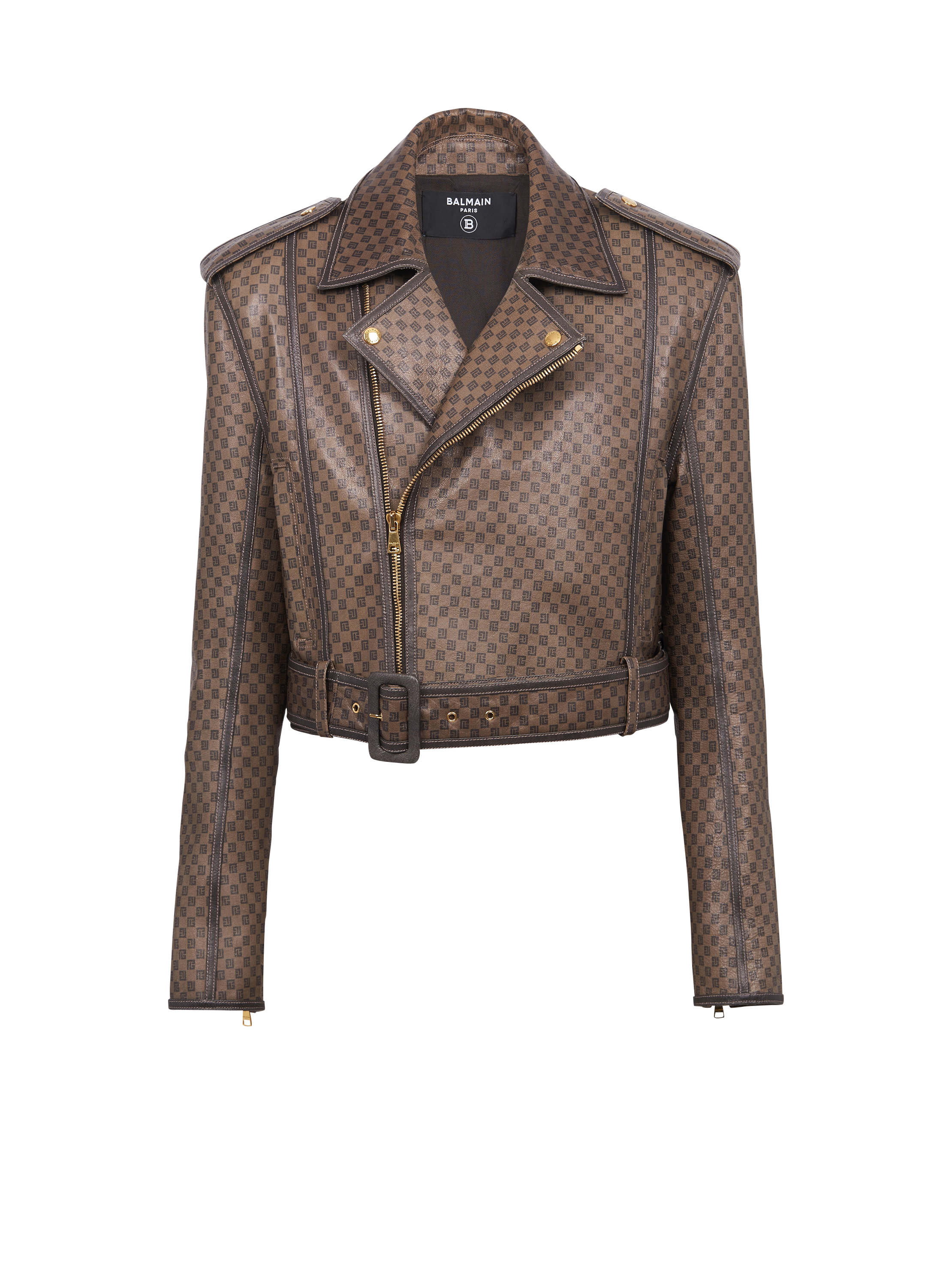 Leather biker jacket mini print brown - Men | BALMAIN