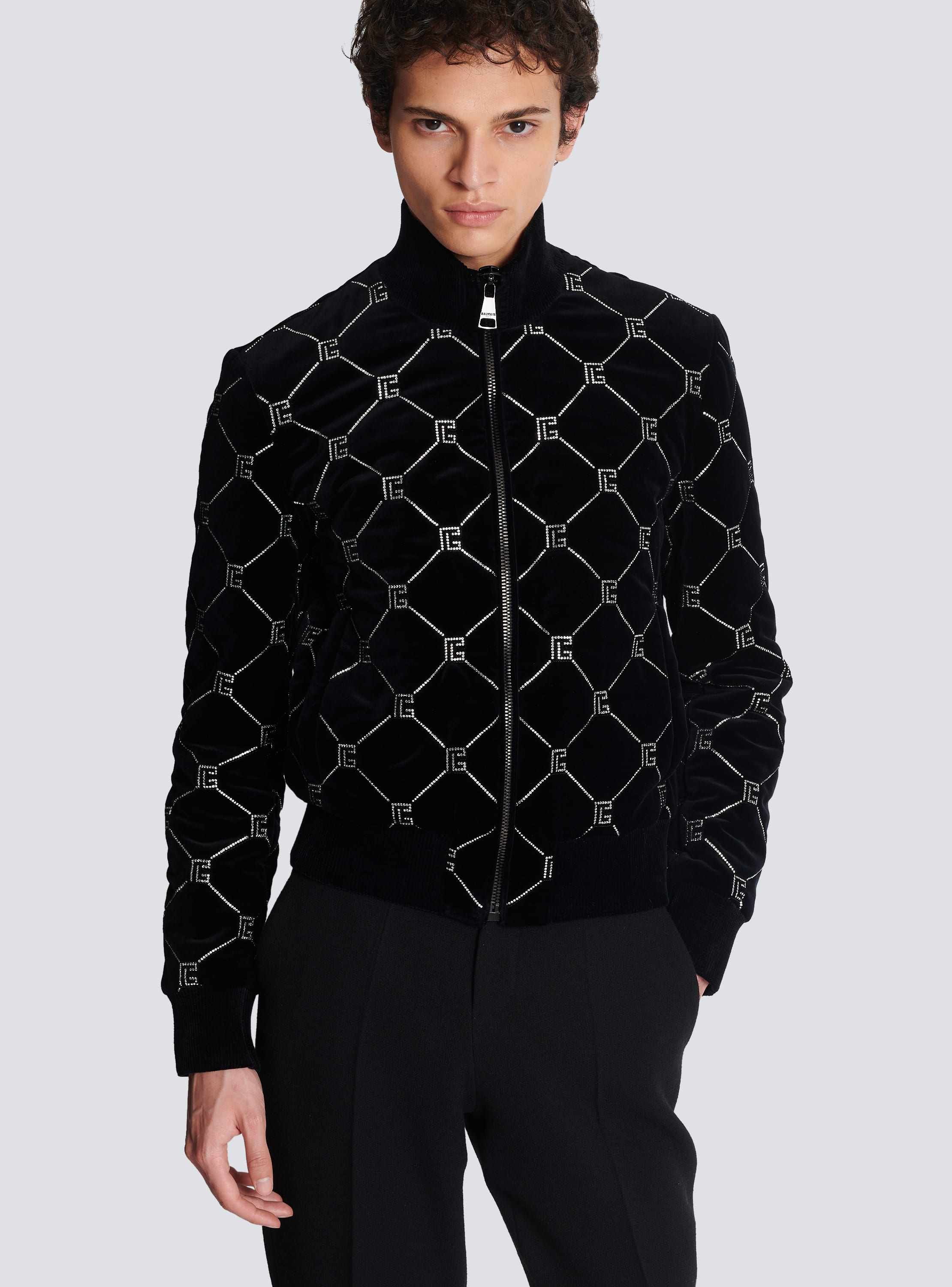 BALMAIN: velvet bomber jacket with monogram - Dark