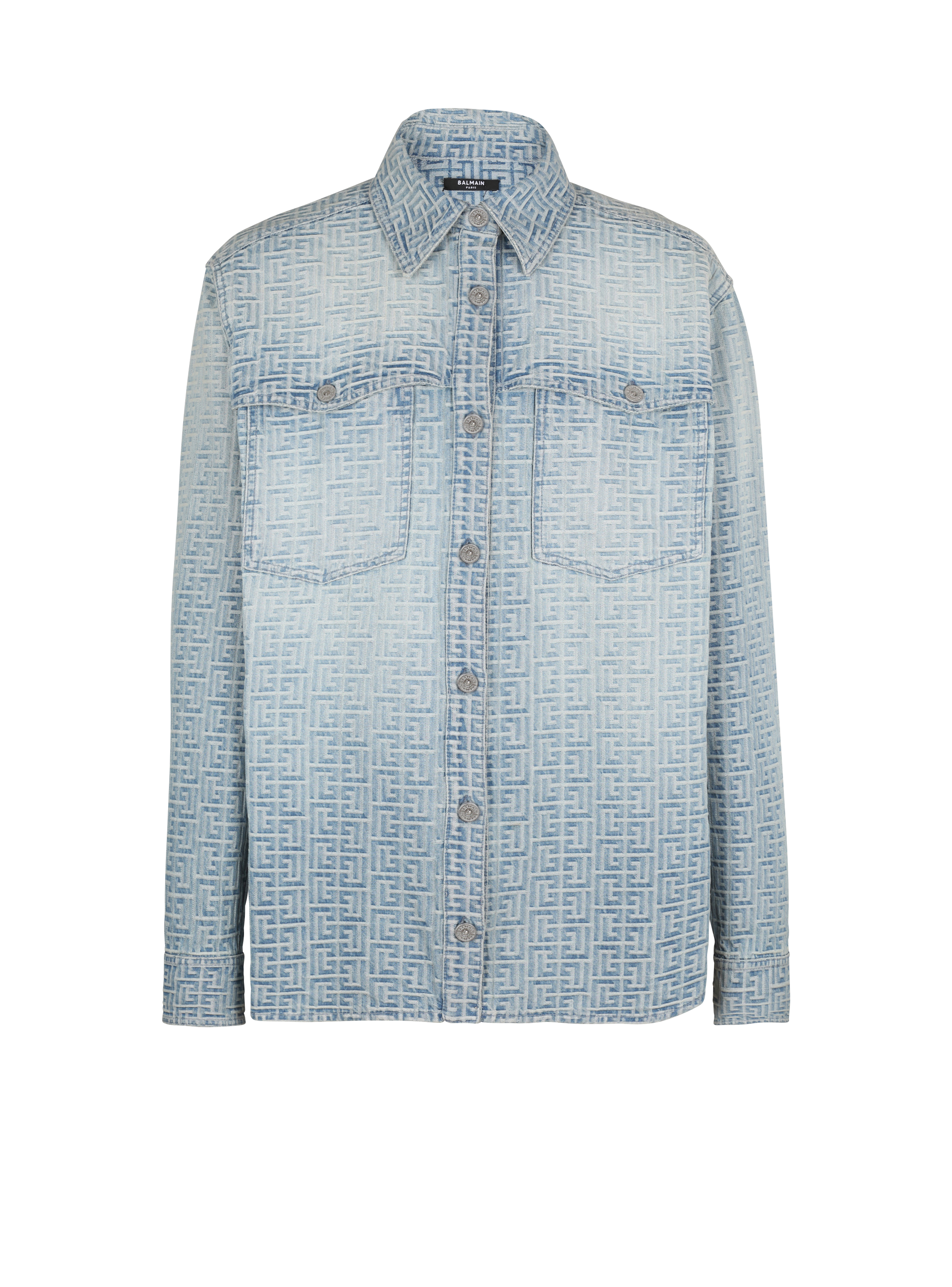 Camisa de tela vaquera y jacquard con monograma , azul, hi-res