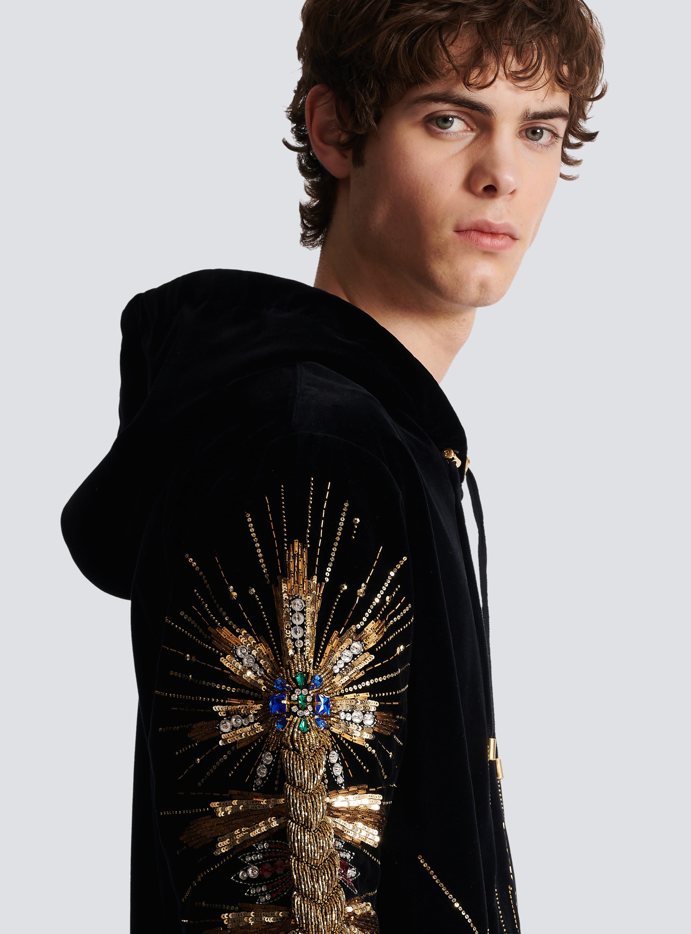 Velvet hooded sweatshirt with embroidery black Men BALMAIN