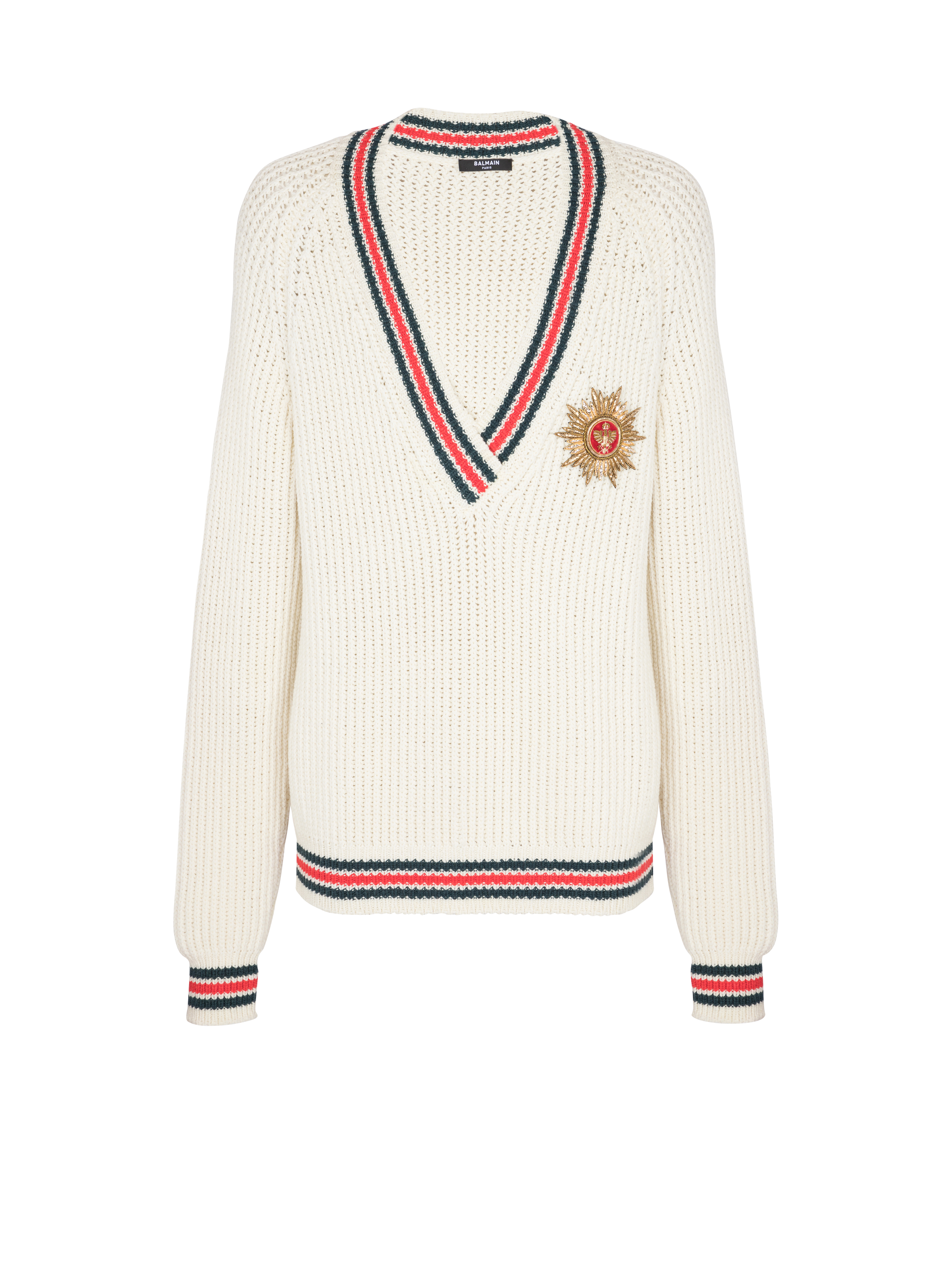 Pull tricoté avec écusson, blanc, hi-res