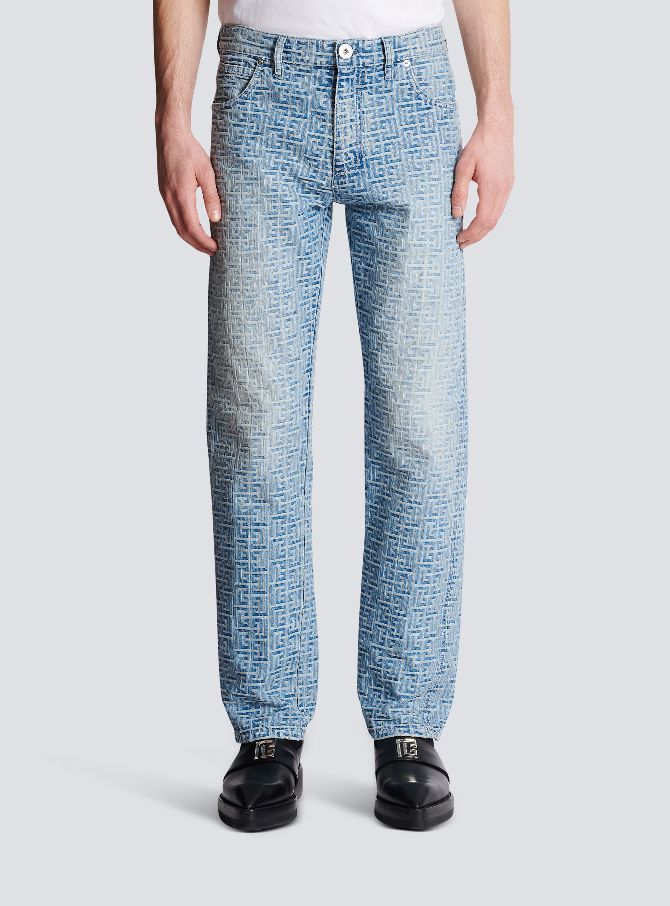 Balmain Jacquard Monogram Denim Jeans in Grey for Men