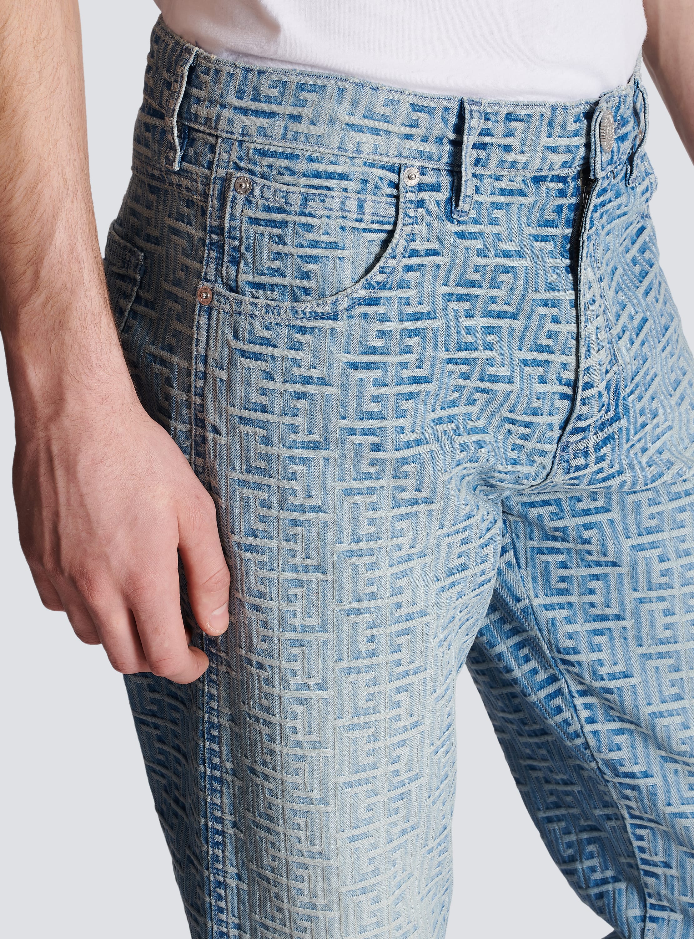 Balmain Jacquard Monogram Denim Jeans in Grey for Men