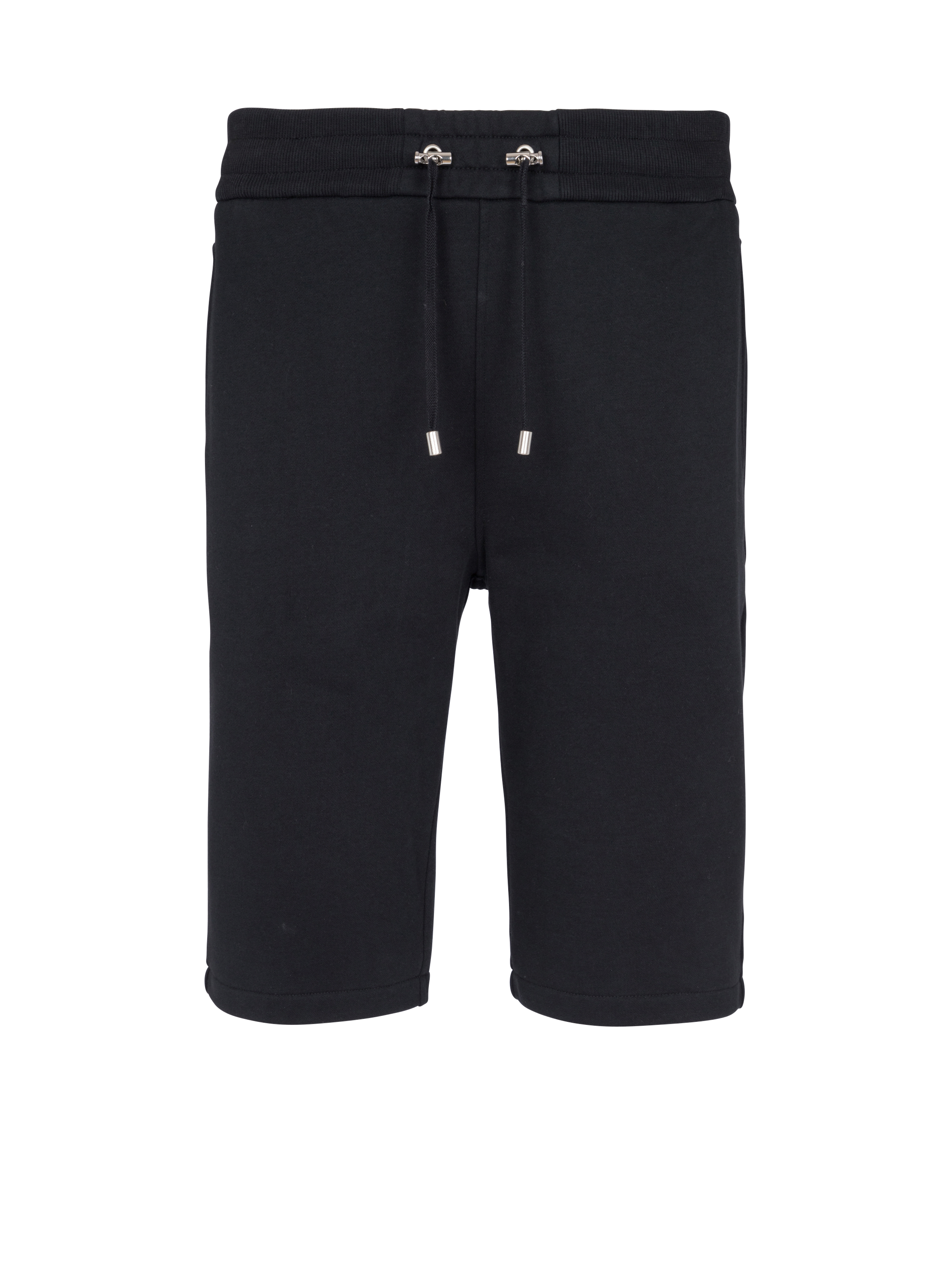 Shorts aus Baumwolle mit geflocktem „Balmain Paris“-Logo, schwarz, hi-res