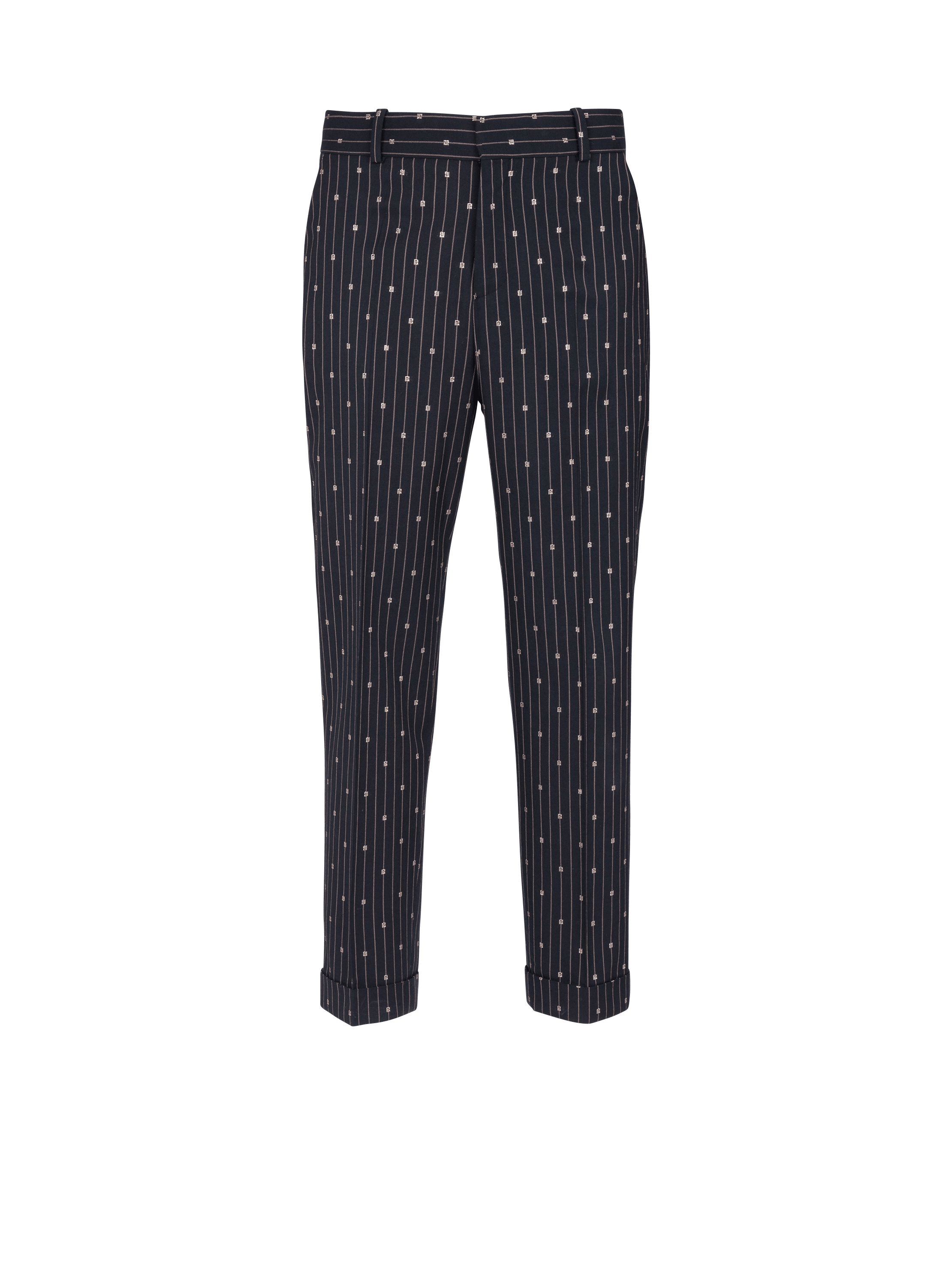 Monogrammed wool trousers with creases and thin stripes, navy, hi-res
