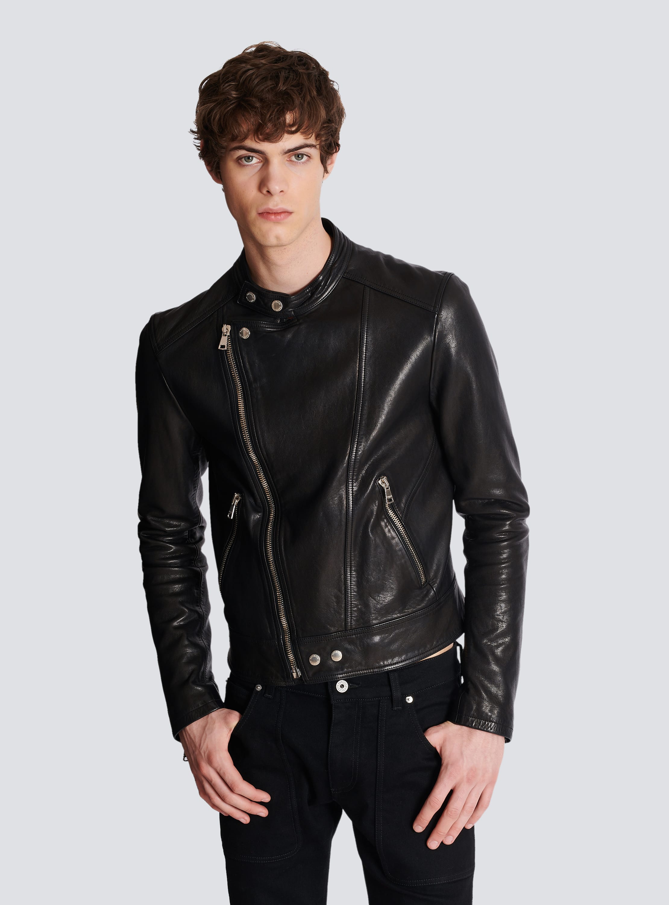 Zip-detail leather biker jacket - Man