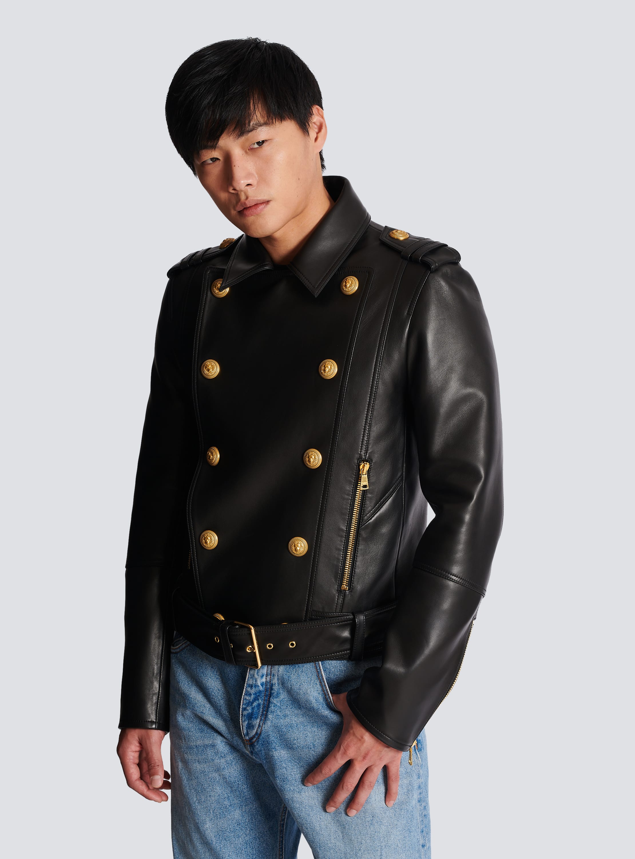 Balmain Short Double-breasted Coat With Branded Buttons in Black