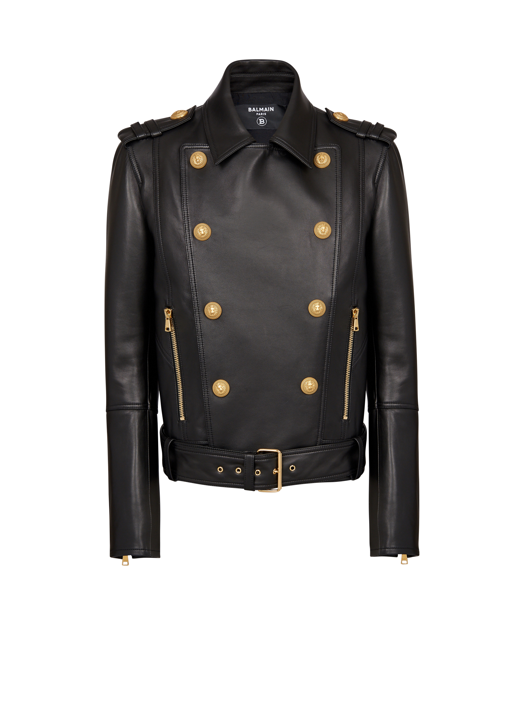 Double-breasted leather biker jacket Men | BALMAIN