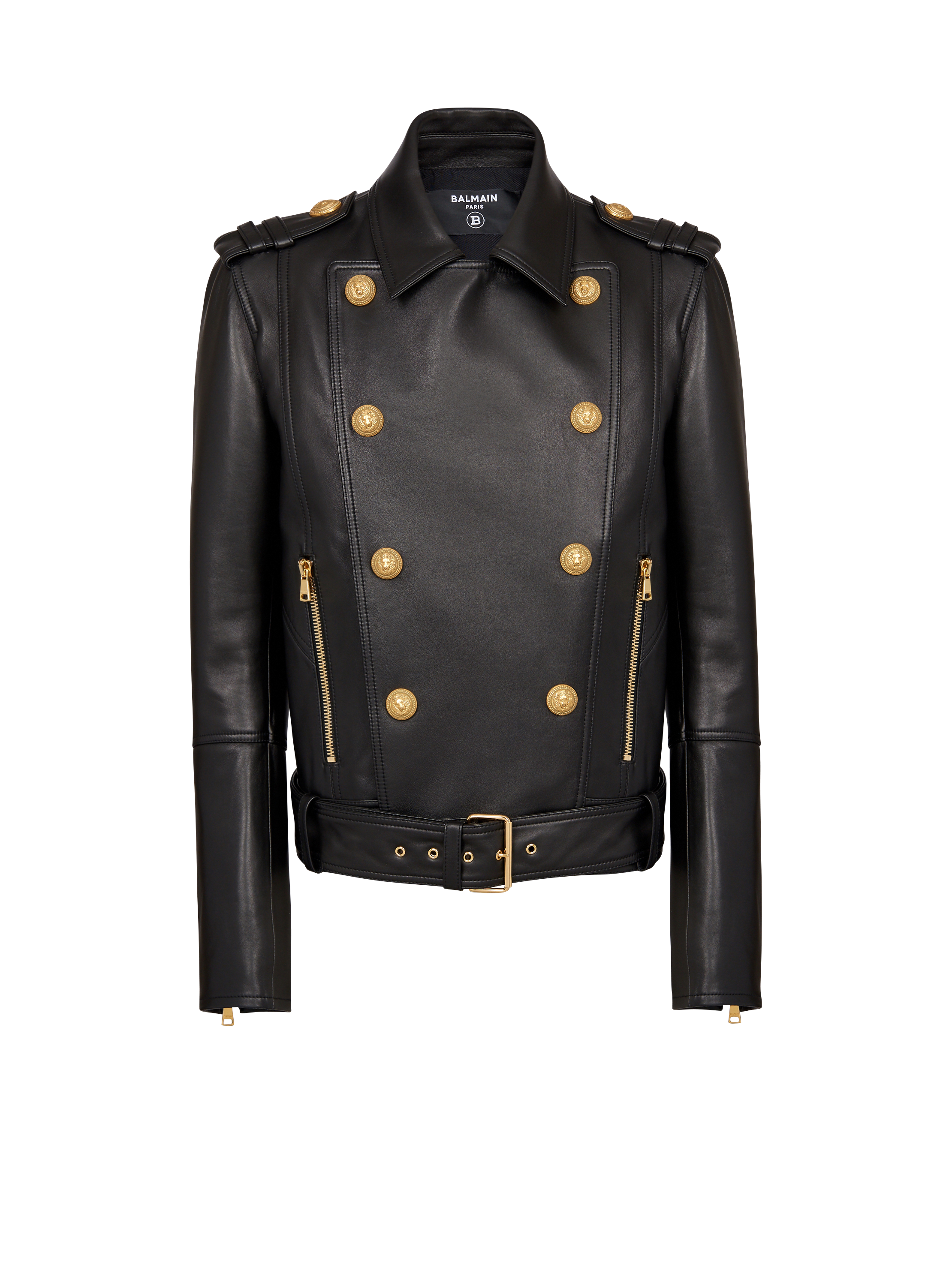 Double-breasted buttoned leather biker jacket